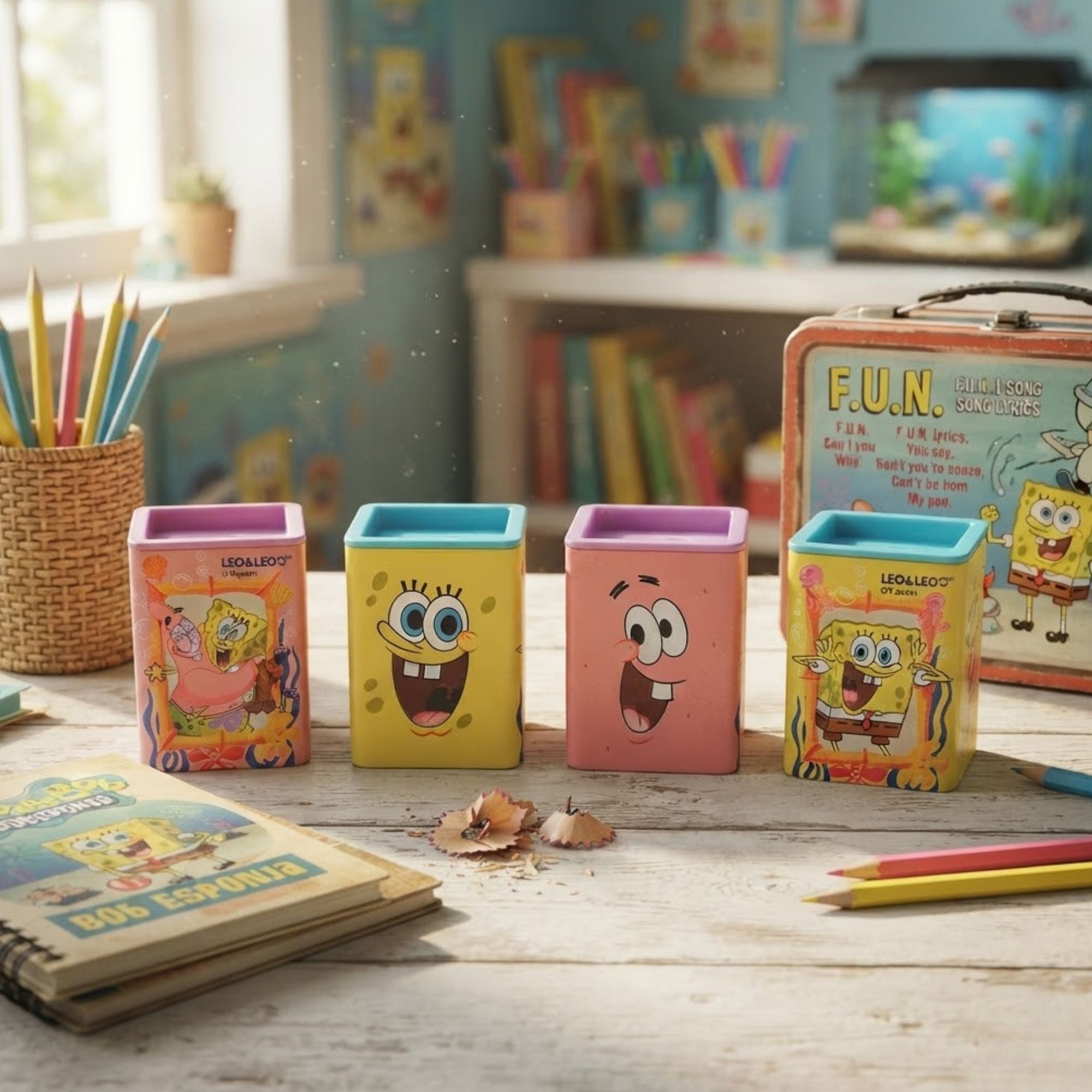 Apontador Latinha Bob Esponja Quadrado Duplo com Depósito (Display c/ 12 unidades) Leonora - 10715