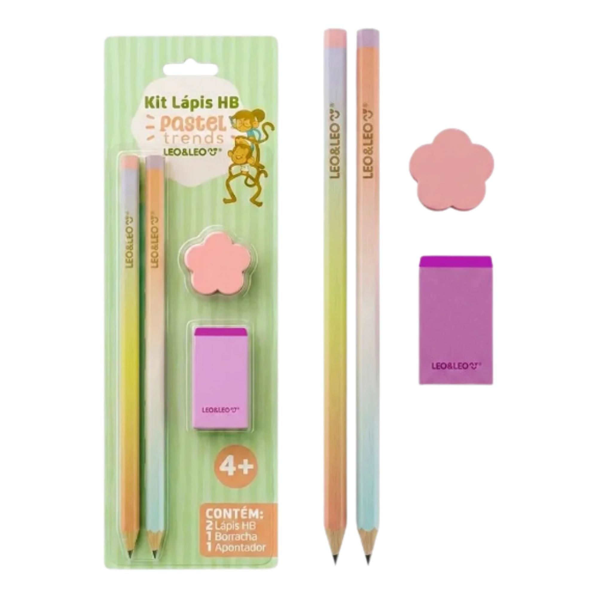Kit Lápis Hb Pastel Trends 2 Lápis Apontador e Borracha Leo&Leo Leonora - 10784