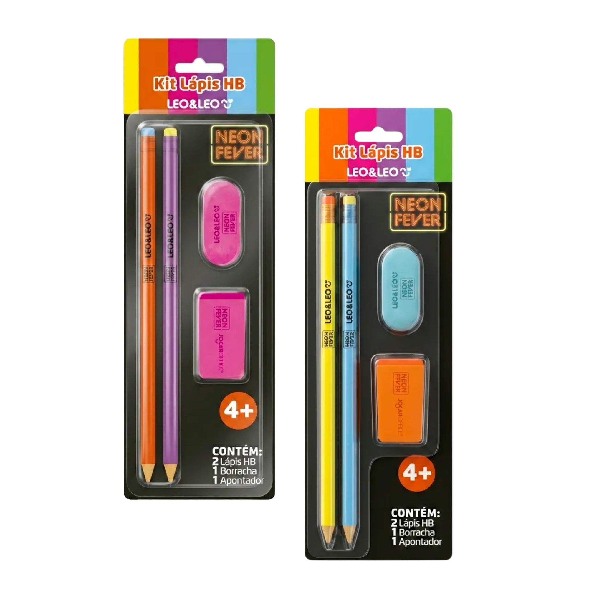 Kit Lápis HB Neon Fever c/ Apontador e Borracha Sortido e Unitário Leo&Leo Leonora - 10785