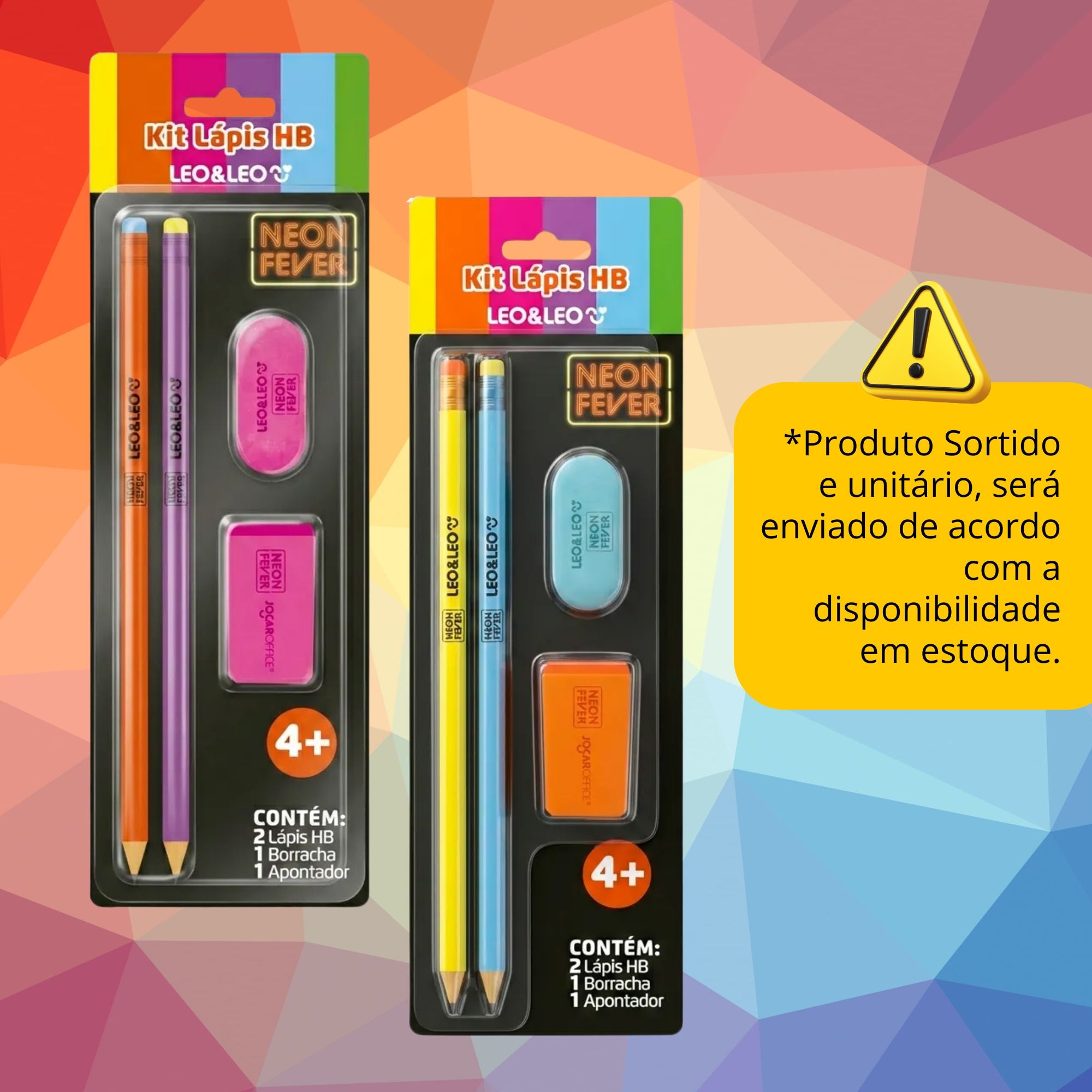 Kit Lápis HB Neon Fever c/ Apontador e Borracha Sortido e Unitário Leo&Leo Leonora - 10785
