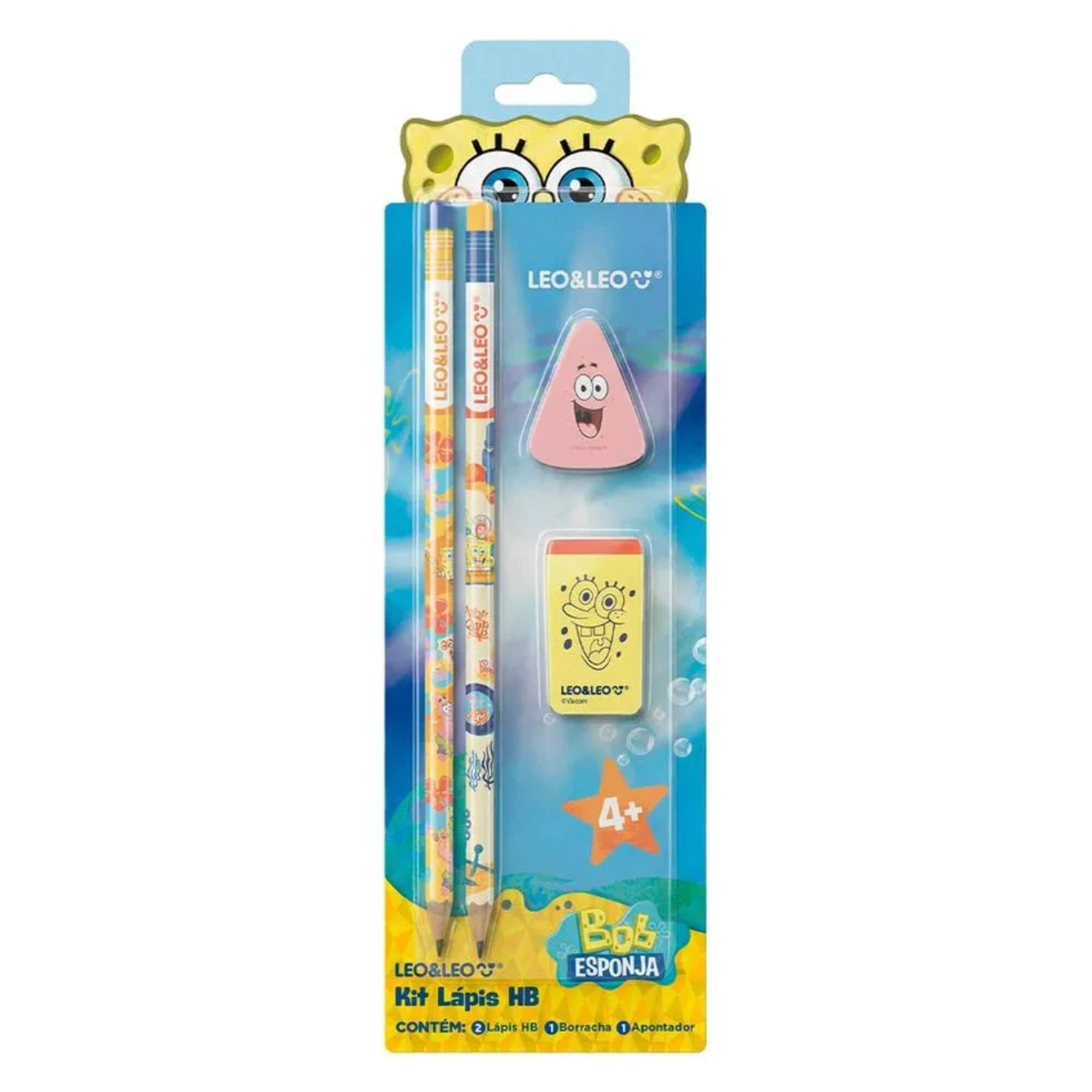Kit Lápis Hb Bob Esponja 2 Lápis Apontador e Borracha Leo&Leo Leonora - 10810