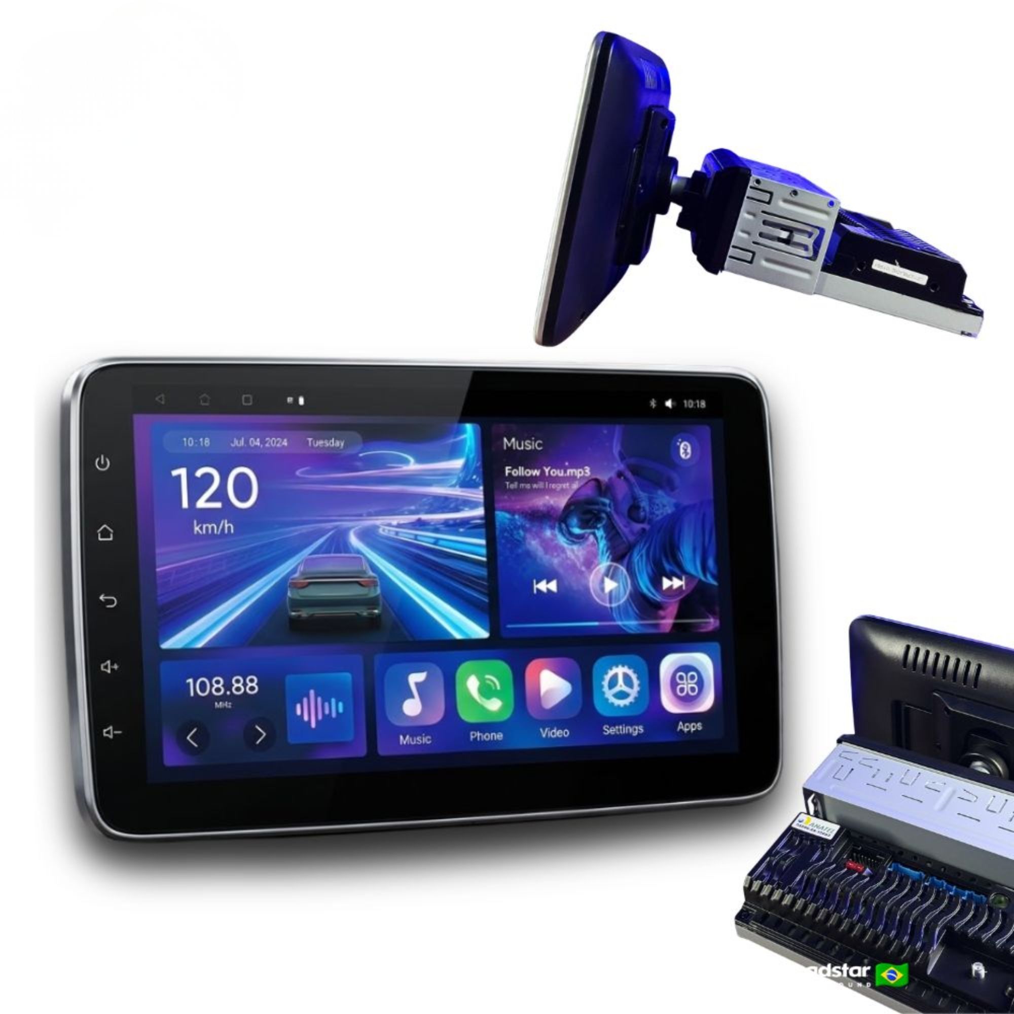 Central Multimídia Tela Giratória Android 10" Carplay e Android Auto s/ Fio Roadstar - RS1115BR MI