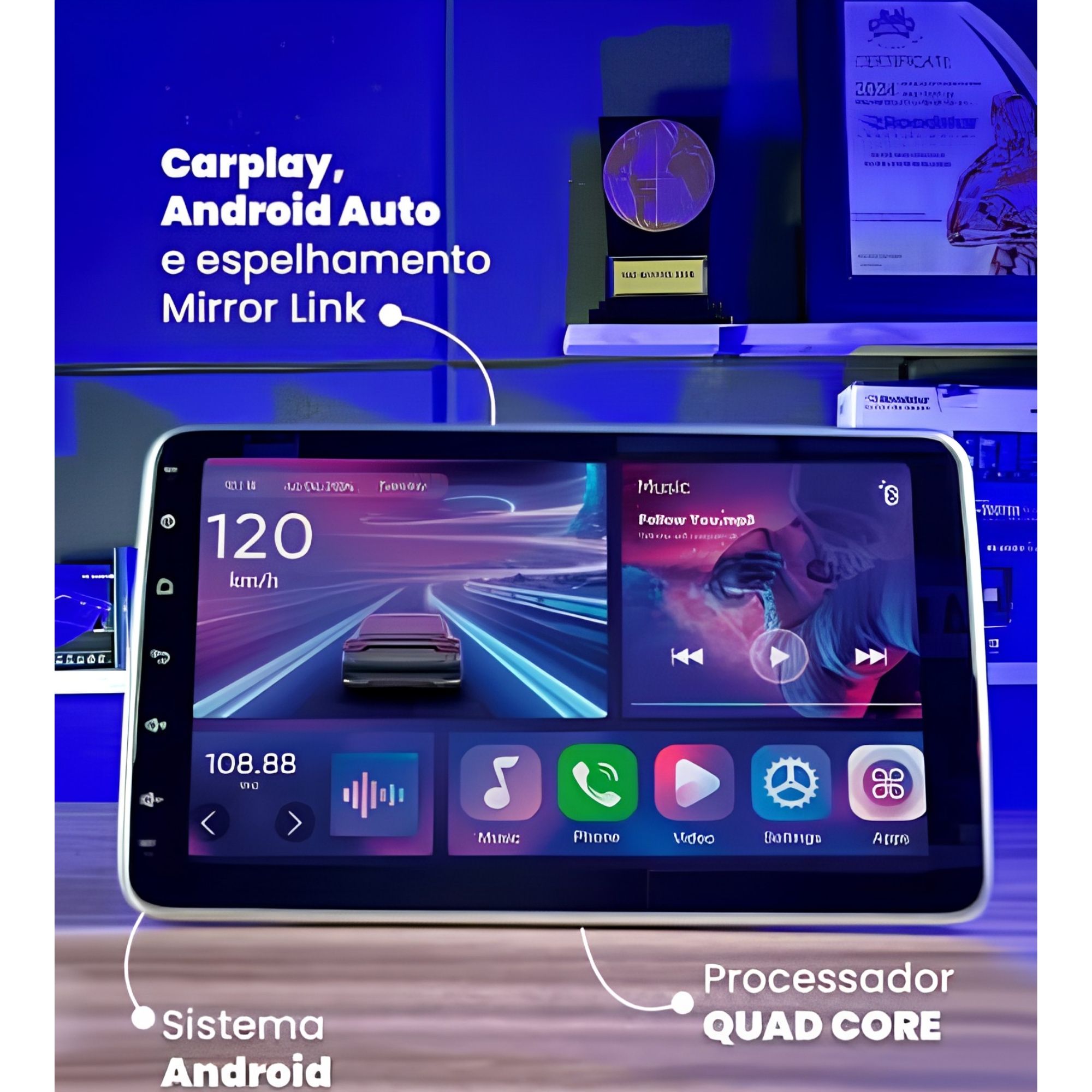 Central Multimídia Tela Giratória Android 10" Carplay e Android Auto s/ Fio Roadstar - RS1115BR MI