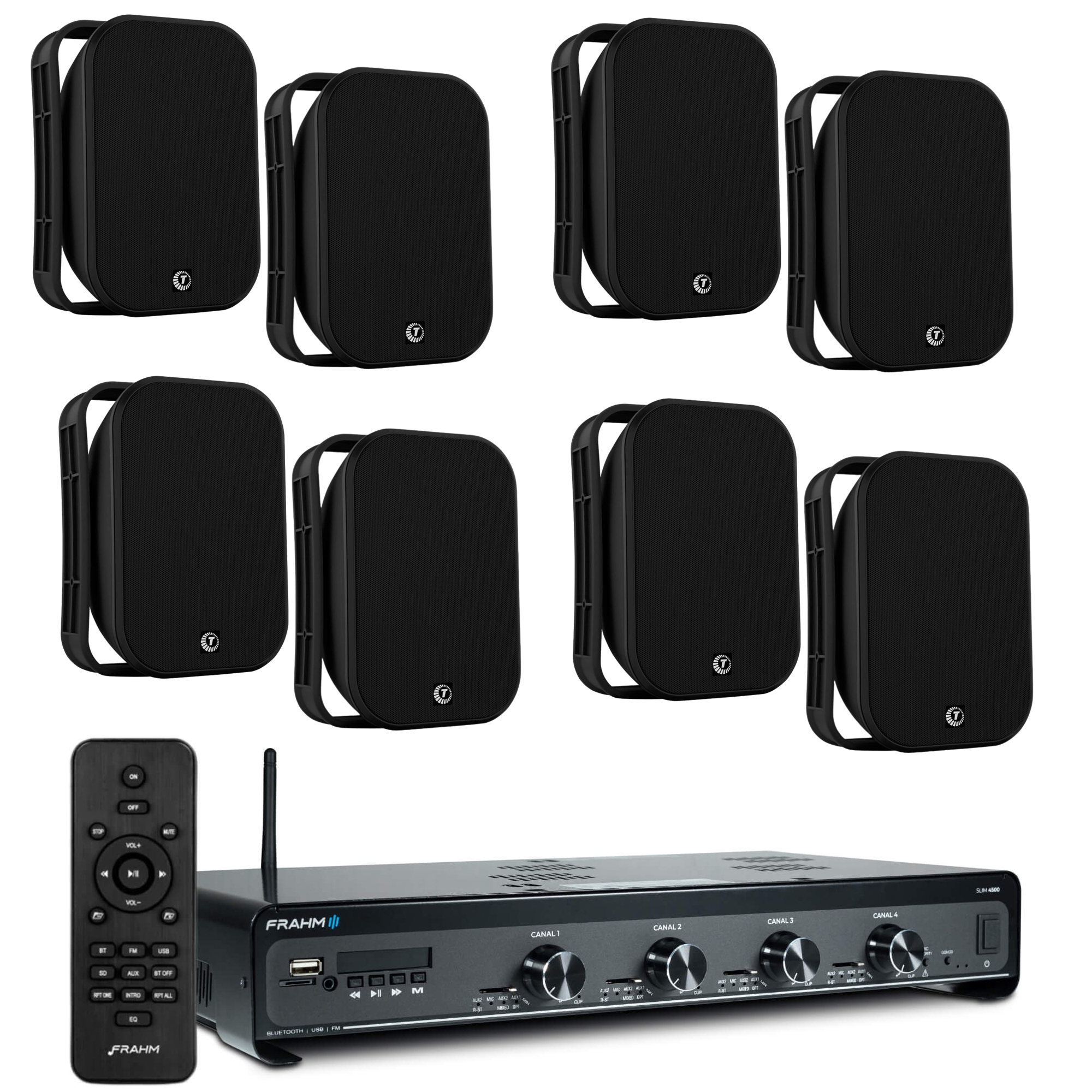 Kit Som Ambiente Amplificador Slim 4500 + 8 Caixas Parede Sol Chuva TAQ62 - Preta