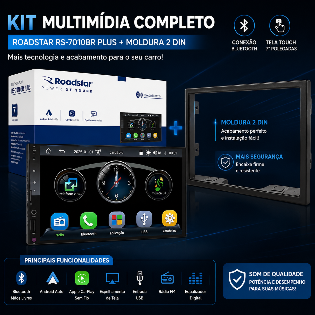 Kit Multimidia Mp5 2 Din Carplay Android Auto Roadstar RS7007BR + Moldura Golf Polo Fox Fiesta