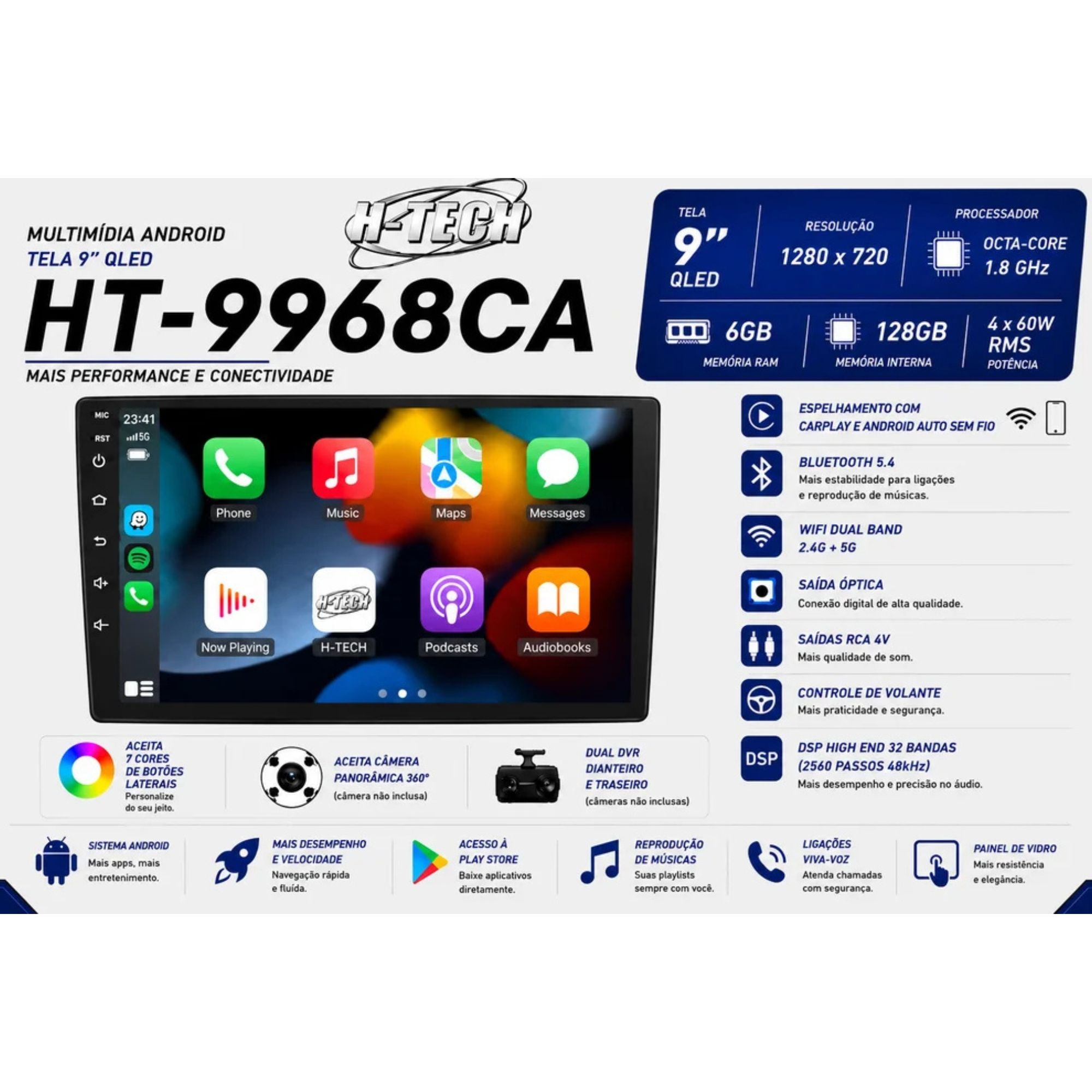 Smart Mídia Slim 9" QLED Octa-Core 6+128GB H-Tech - HT-9968CA