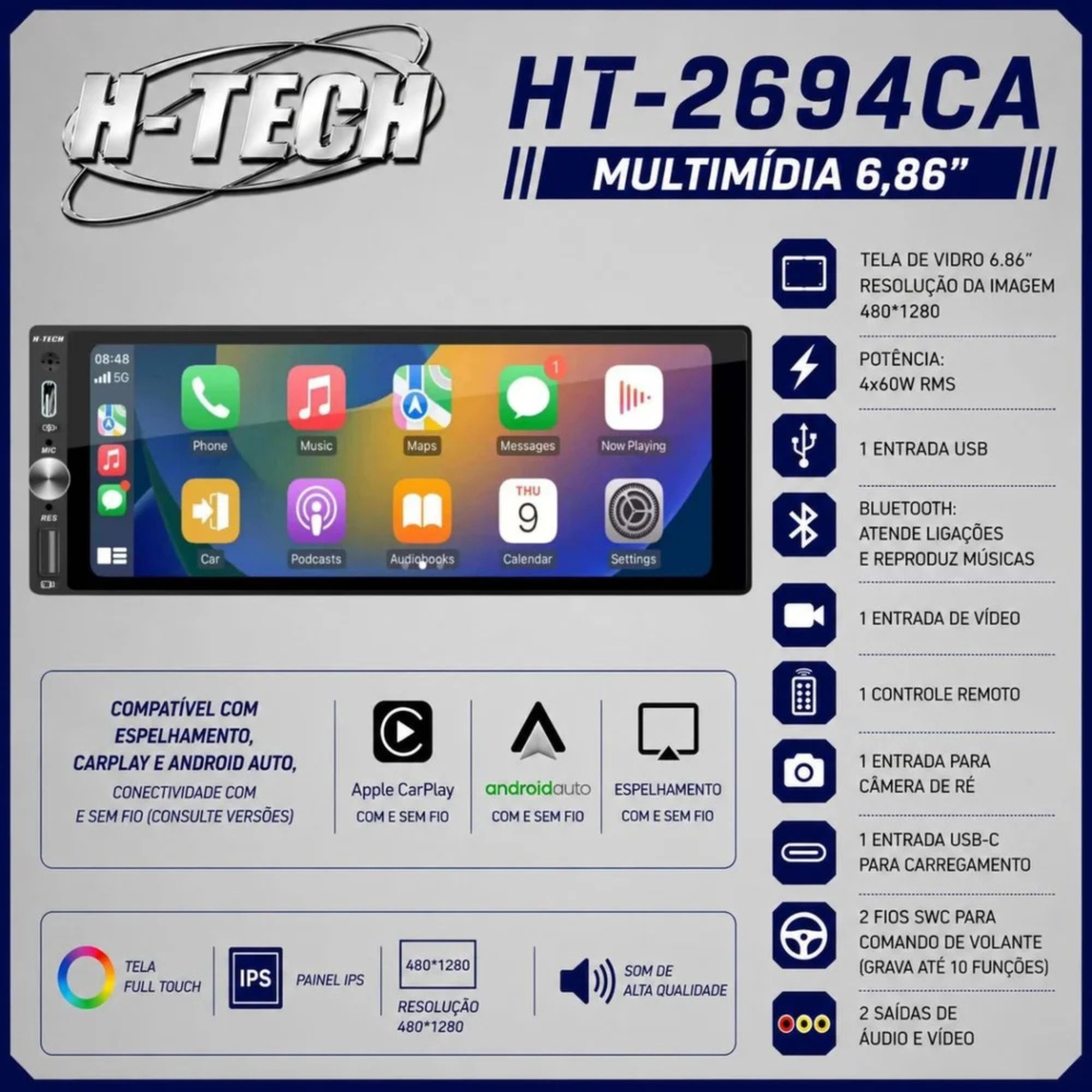 Multimídia Tela de Vidro 6.86" 4x60W RMS CP/AA Com e Sem Fio H-Tech - HT-2694CA
