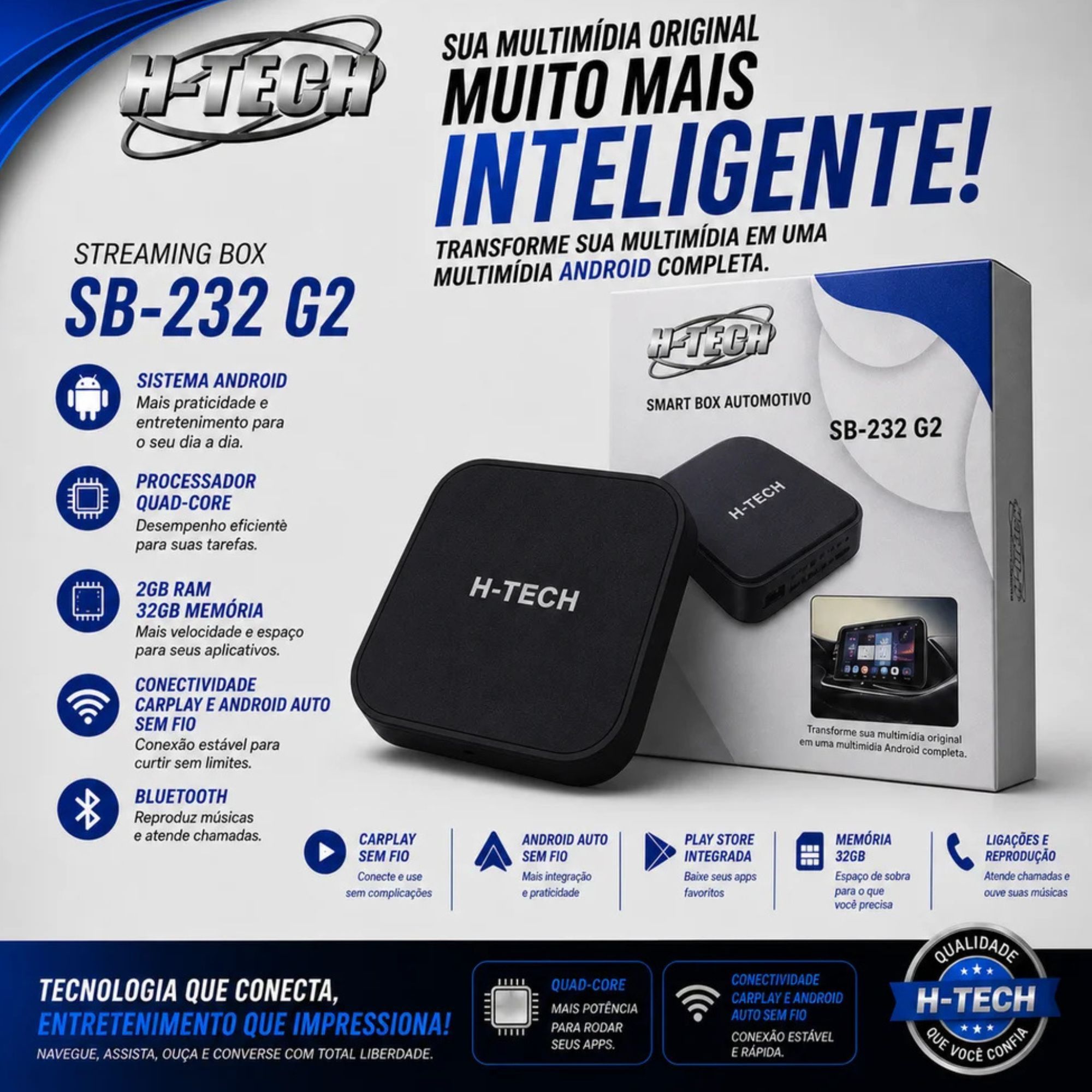 Streaming Box Automotivo Quad-core 2GB+32GB Carplay e Android Auto s/ Fio H-Tech - SB232 G2