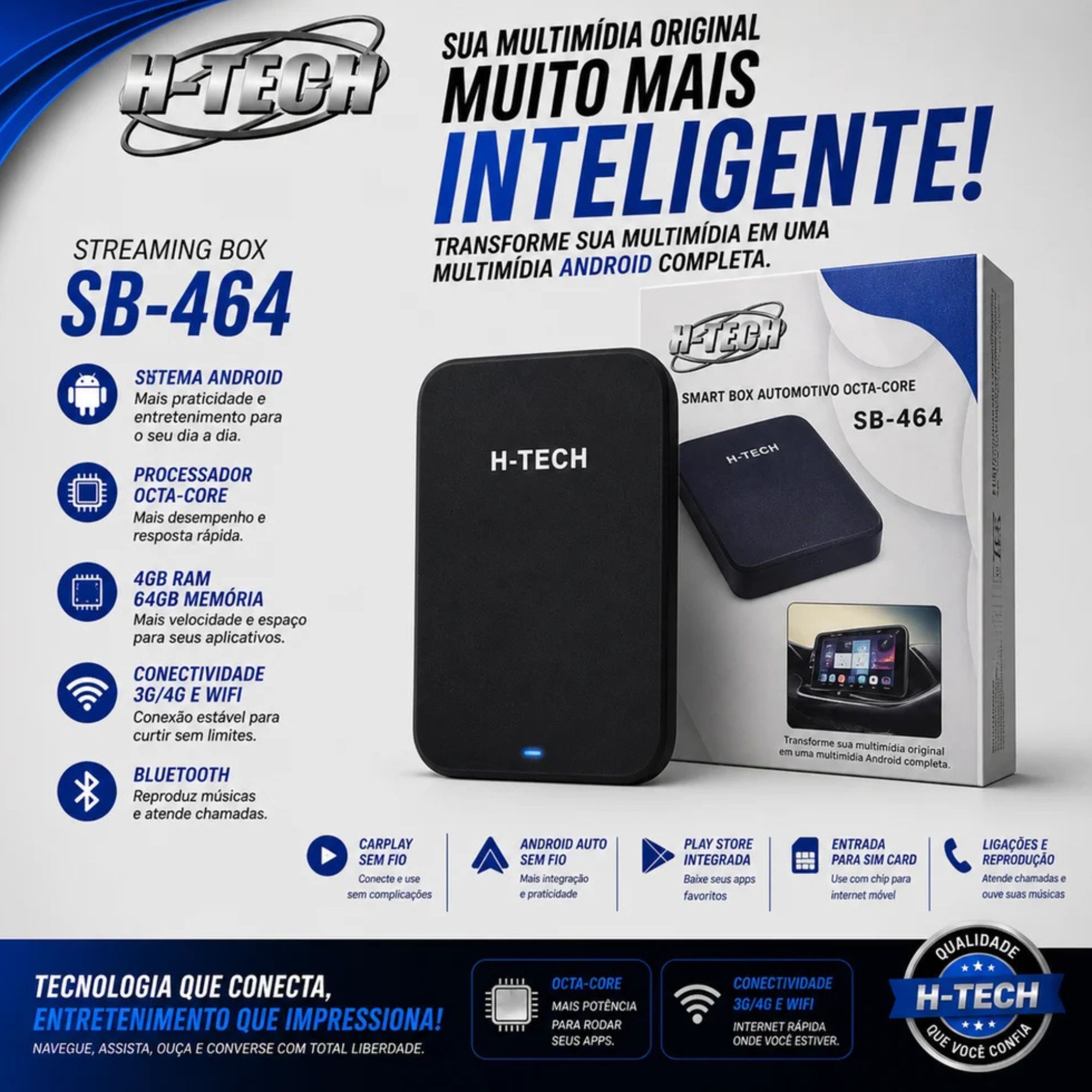 Streaming Box Carplay Android Auto Sem Fio H-Tech - SB464 4+64GB