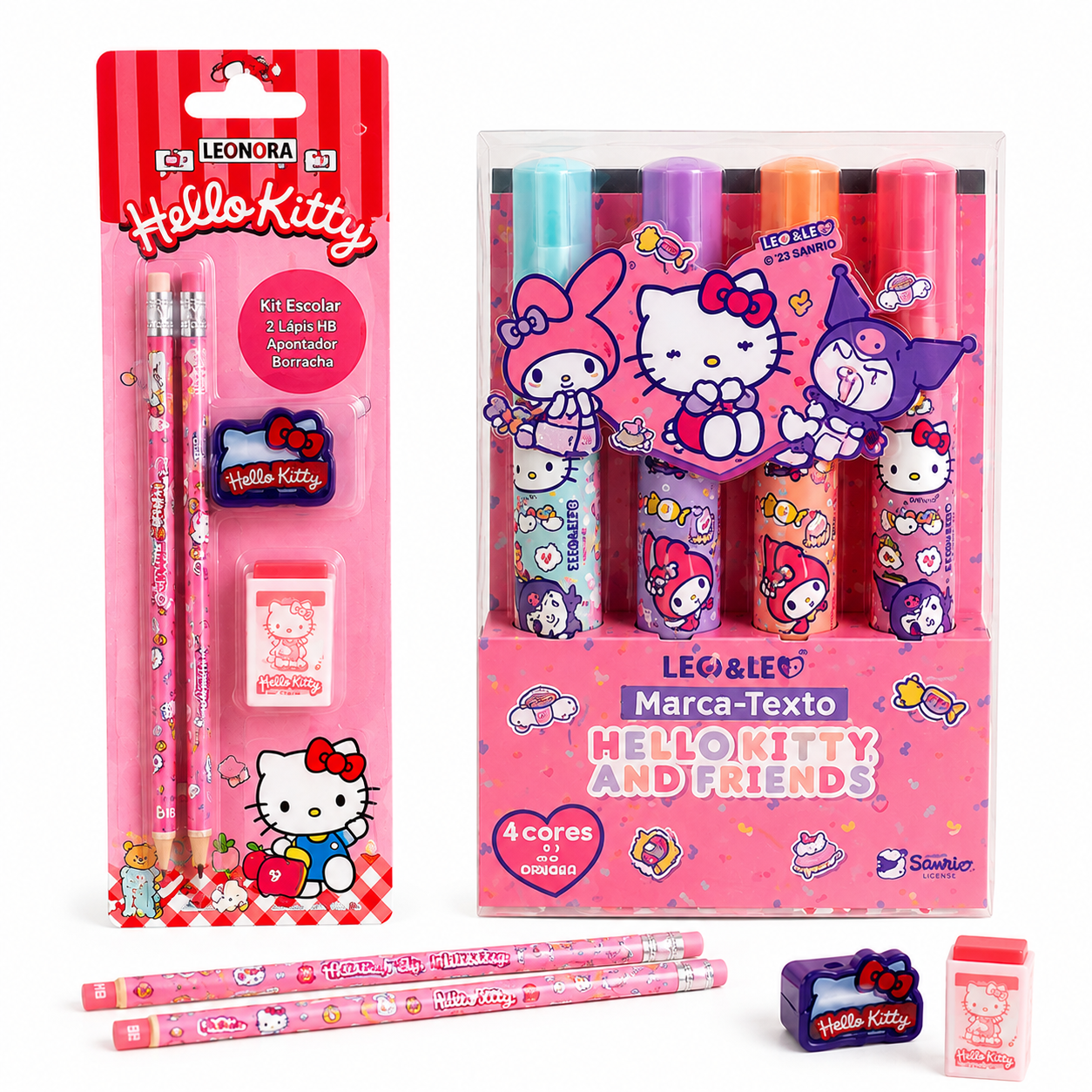 Kit Escolar Hello Kitty – Lápis HB, Borracha, Apontador e Marca-Texto com 4 Cores