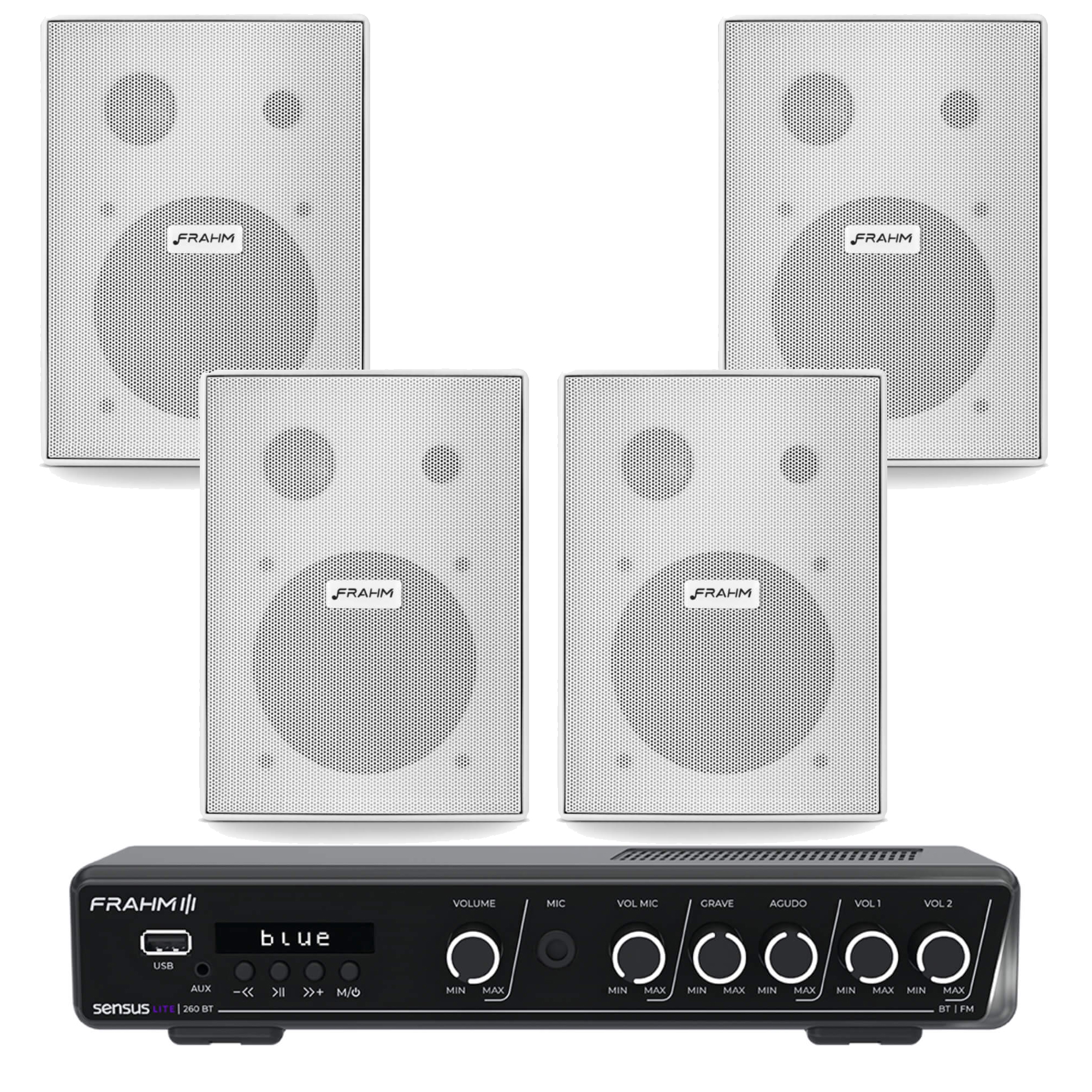 Kit Amplificador Frahm Sensus 260 60W Bluetooth 5.0 + 6 Caixas PS 200 Branca Frahm