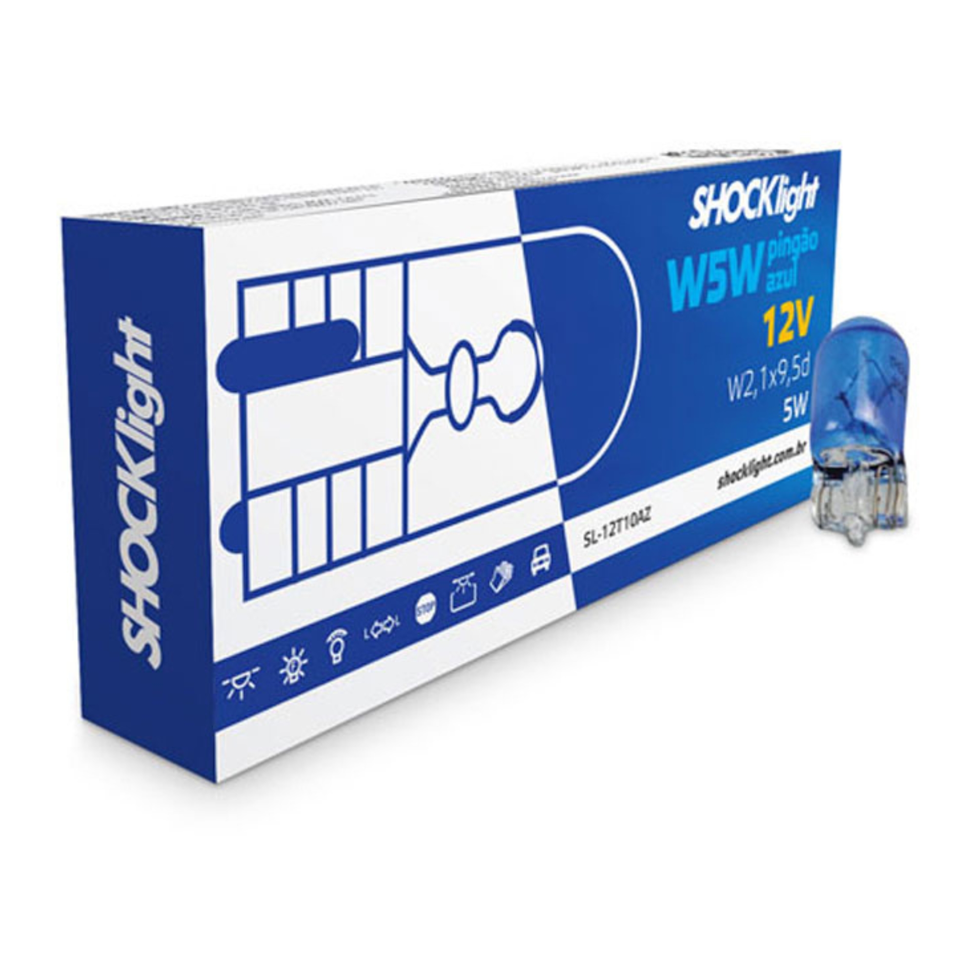 Lâmpada T10 12V W2,1 X 9,5D Pingão Azul (Caixa com 10 unidades) Shocklight - SL-12T10AZ