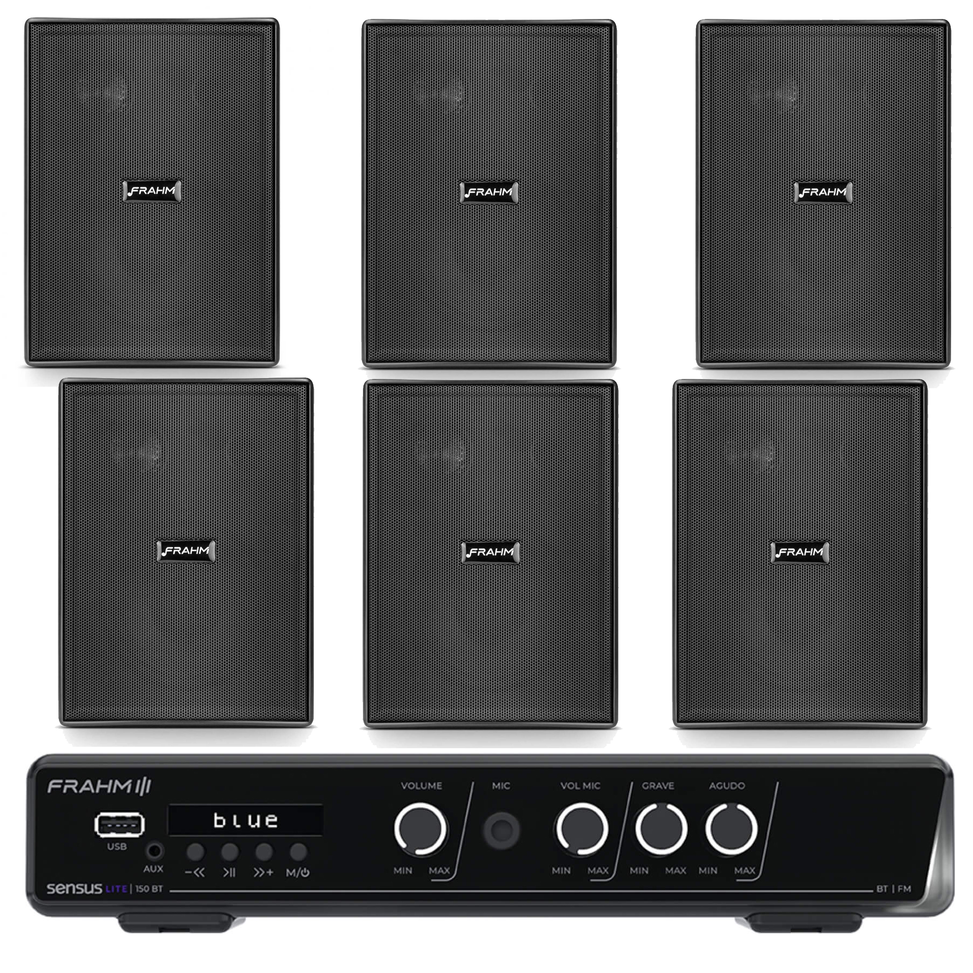 Kit Sonorização Ambiente Sensus 150 Bluetooth + 6 Caixas PS 200 Preta  - Frahm