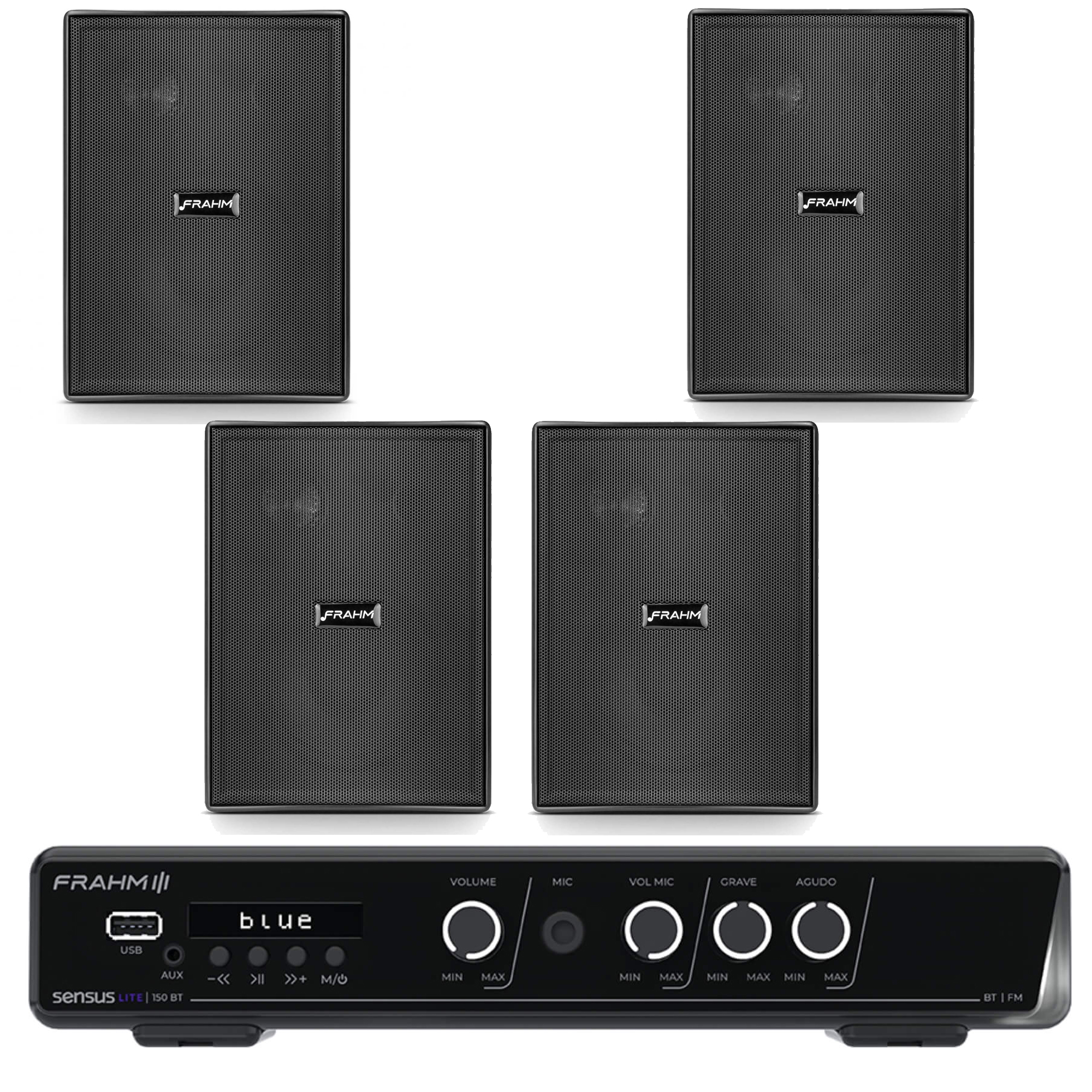 Kit Amplificador Receiver Sensus 150BT + 4 Caixas PS 200 Preta Frahm