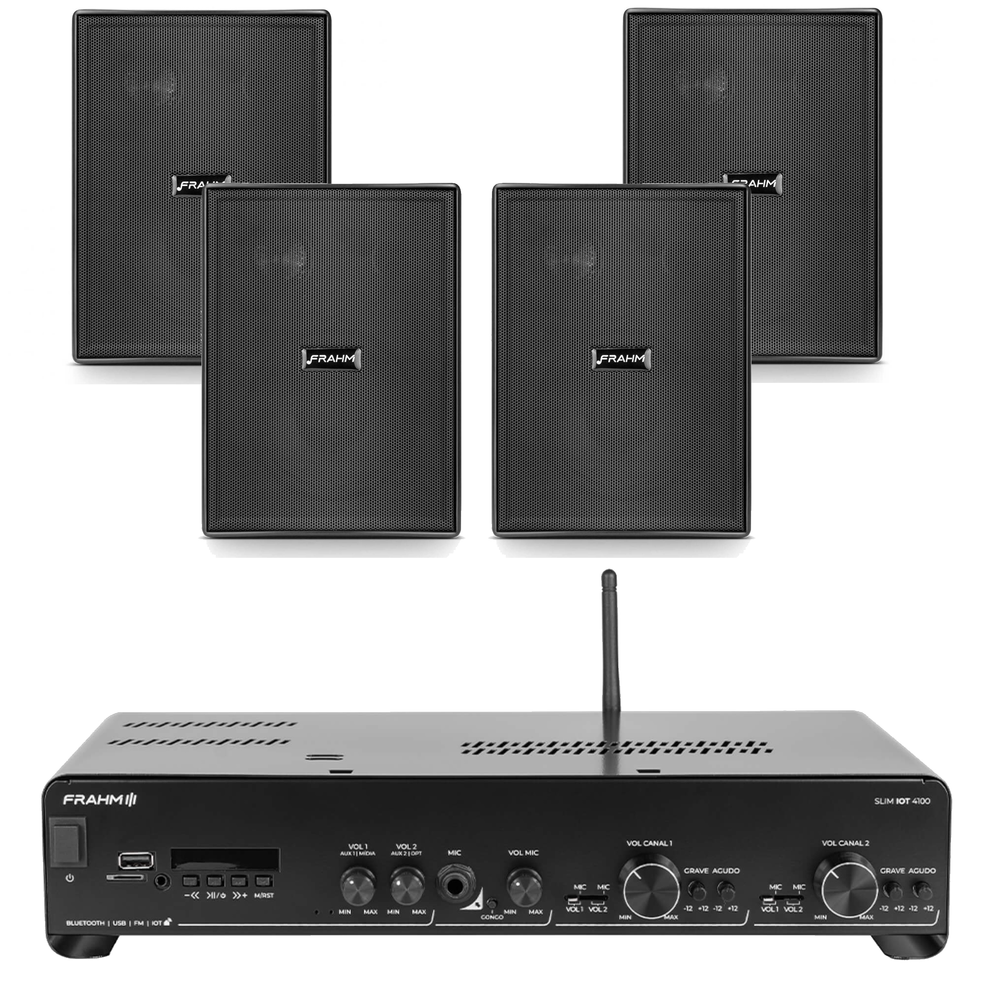 Kit Amplificador Slim IOT 4100 + 4 Caixas PS200 Preta -  Frahm