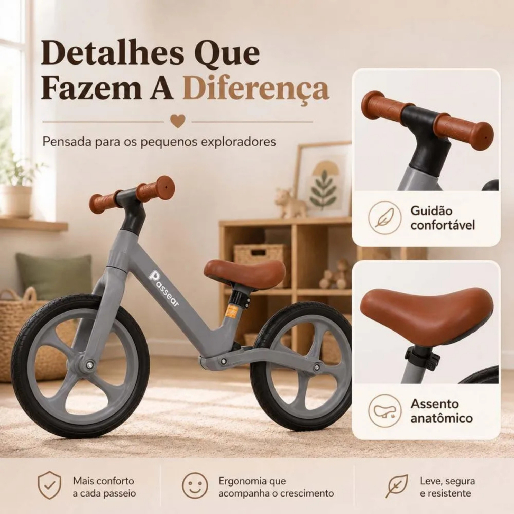 Bicicleta de Equilíbrio ZIG sem pedal cor cinza +3 Anos Passear Baby - 7908488107866