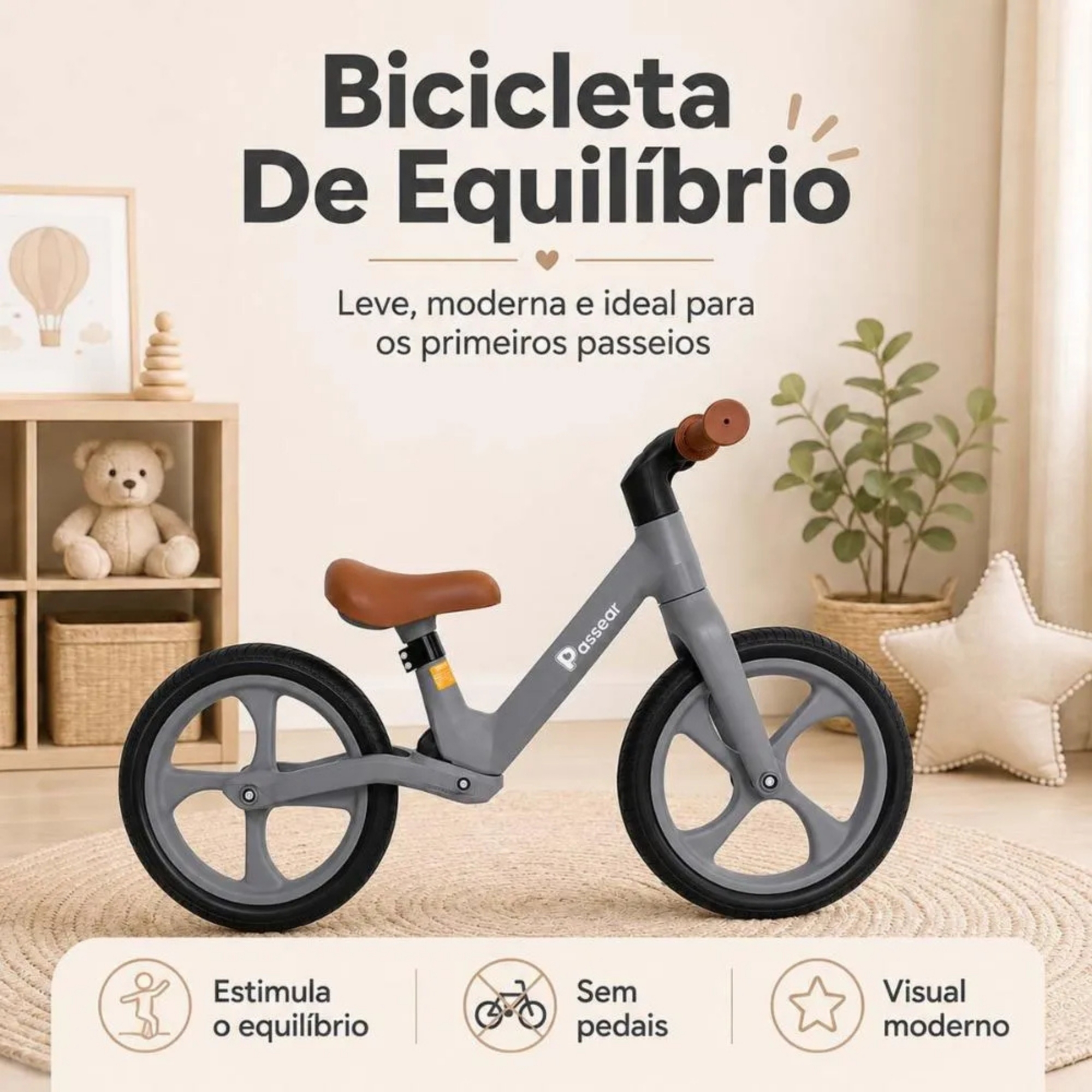 Bicicleta de Equilíbrio ZIG sem pedal cor cinza +3 Anos Passear Baby - 7908488107866
