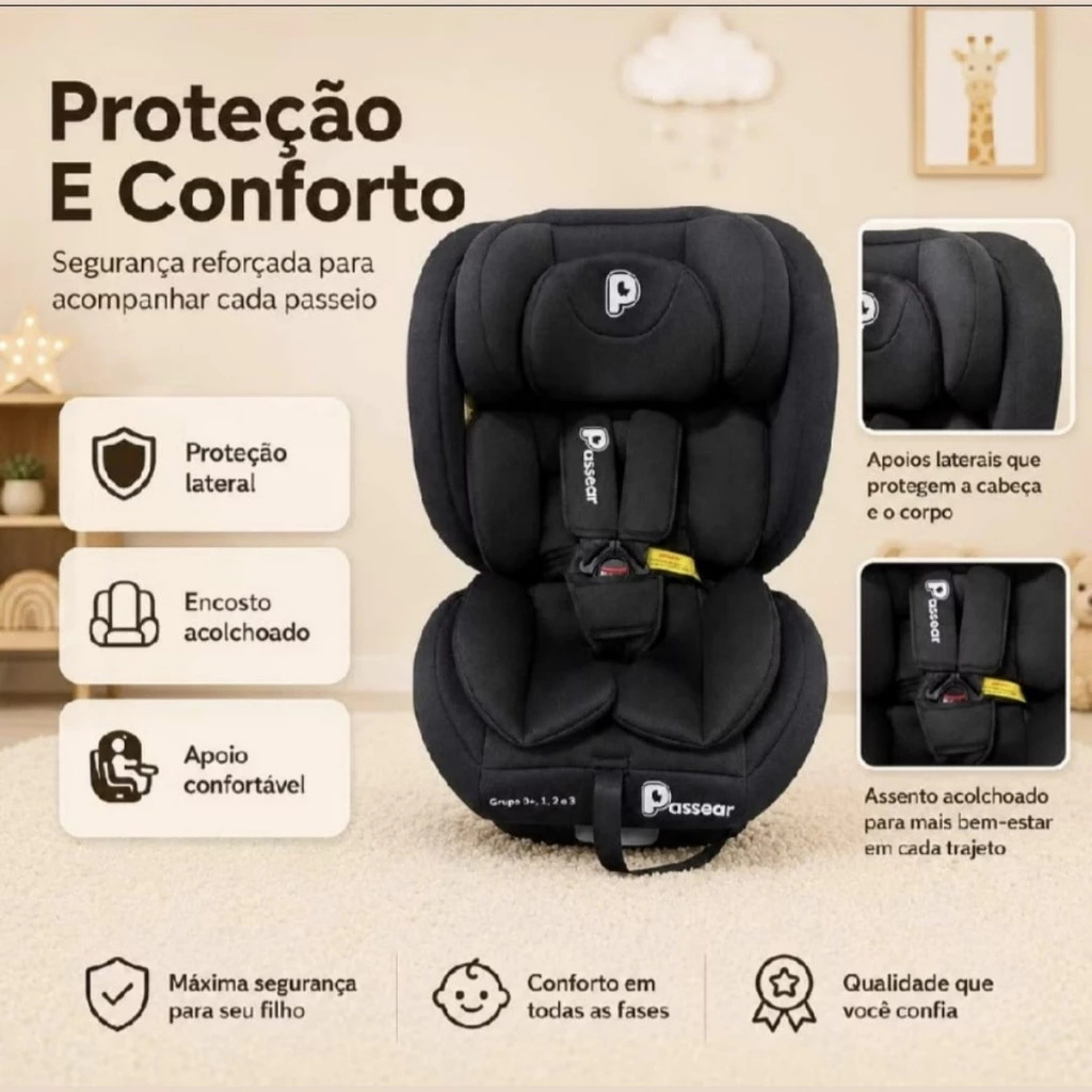 Cadeira para Carro Nora Plus com Isofix 360º Preta 0 a 36 Kg Passear Baby - 7908488108450