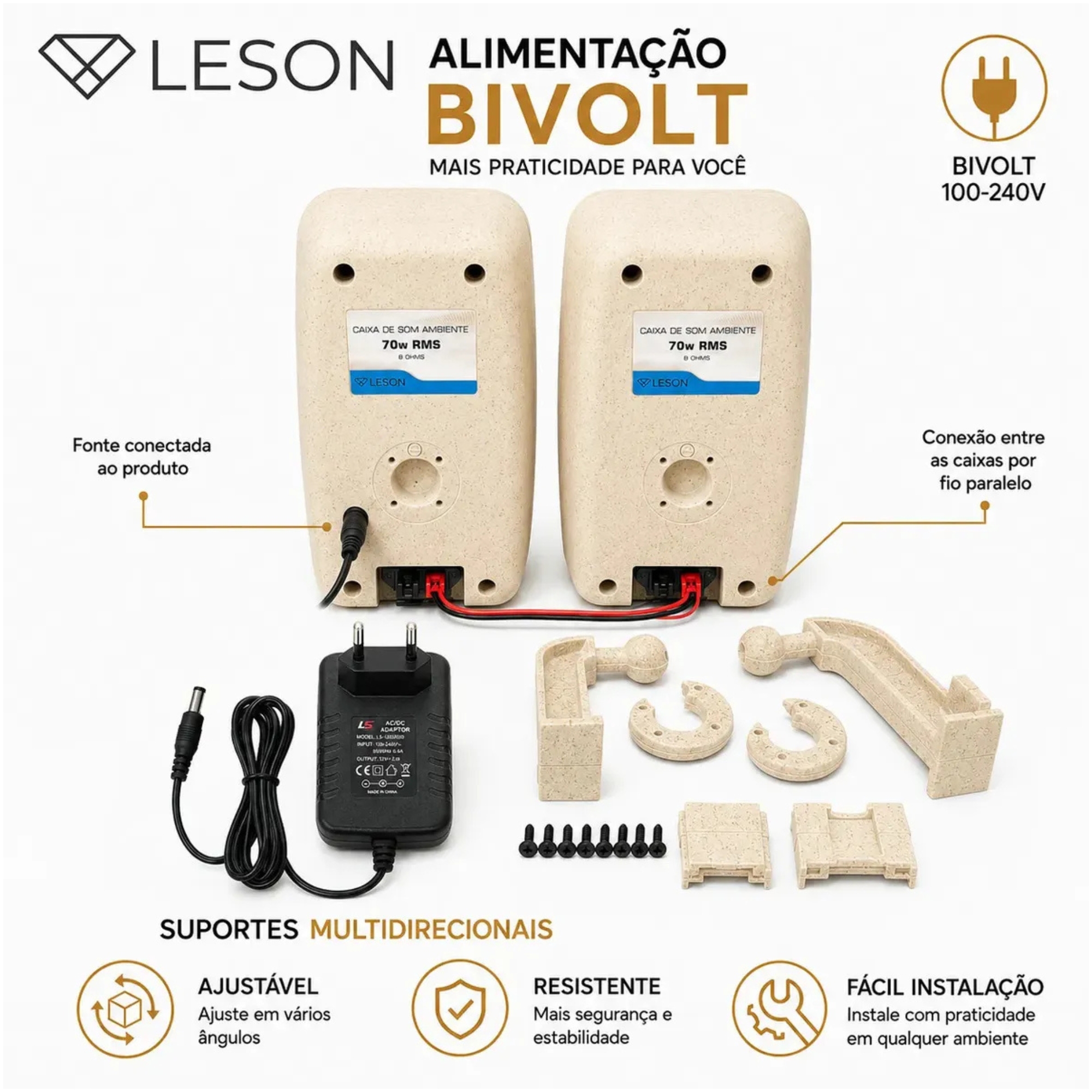 Par de Caixas de Som Ambiente 4 Polegadas 70W 8Ohms cor Marfim Leson - 2LS70CX06