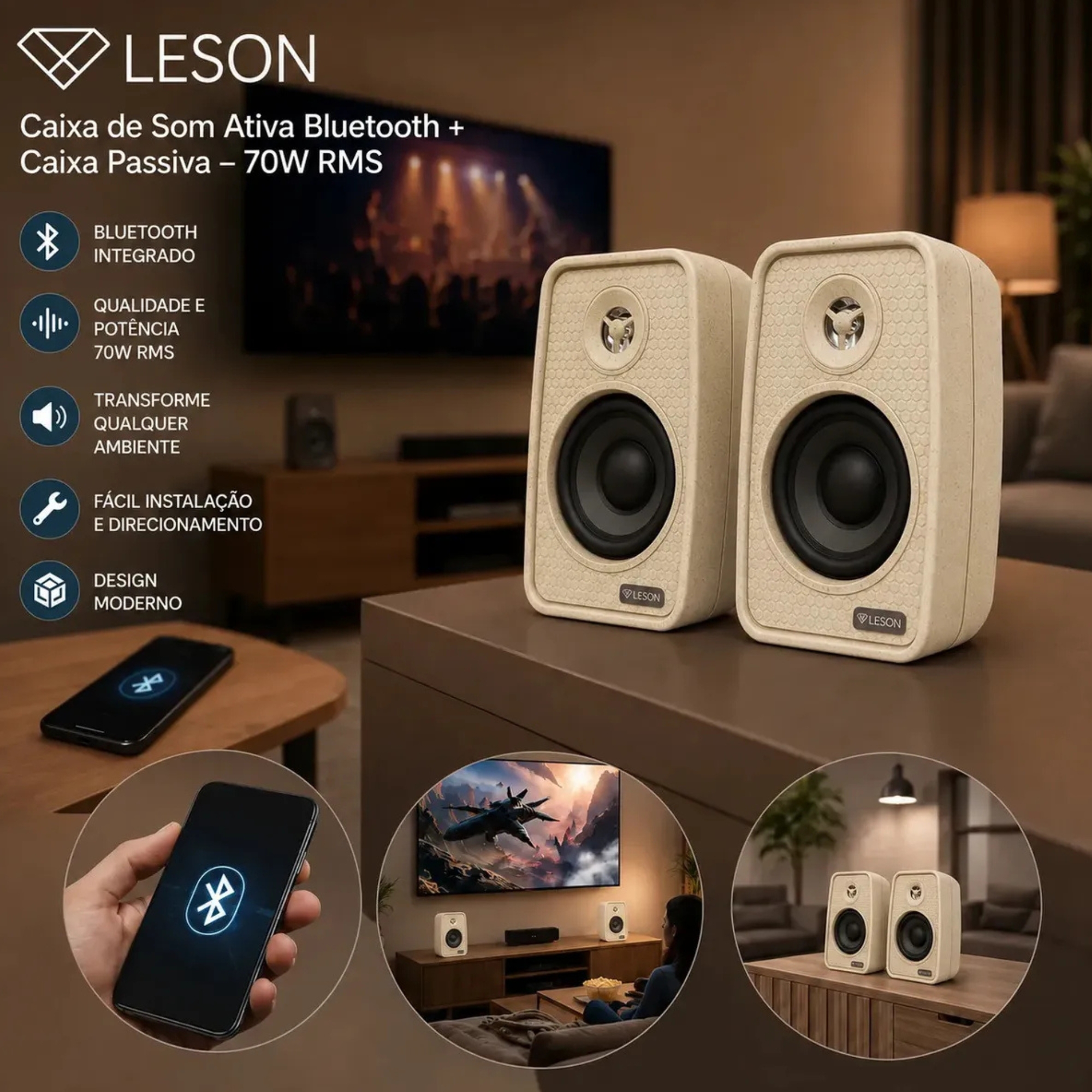 Par de Caixas de Som Ambiente 4 Polegadas 70W 8Ohms cor Marfim Leson - 2LS70CX06