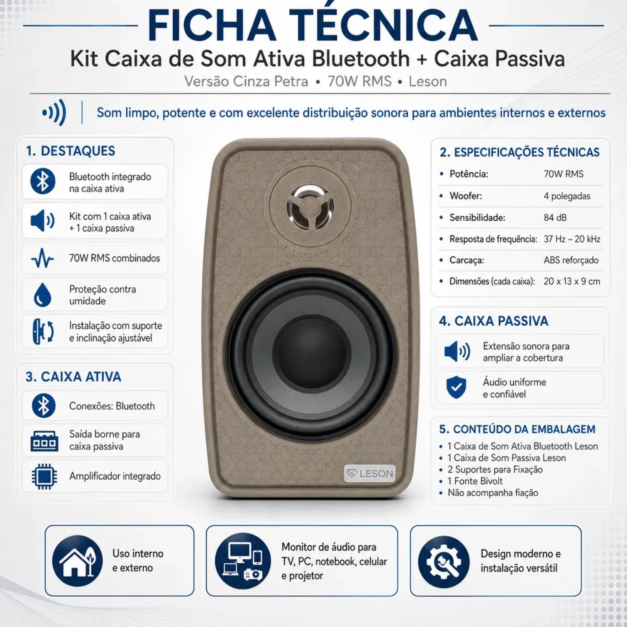 Par de Caixas de Som Ambiente 4 Polegadas 70W 8Ohms cor Cinza Petra Leson - 2LS70CX08