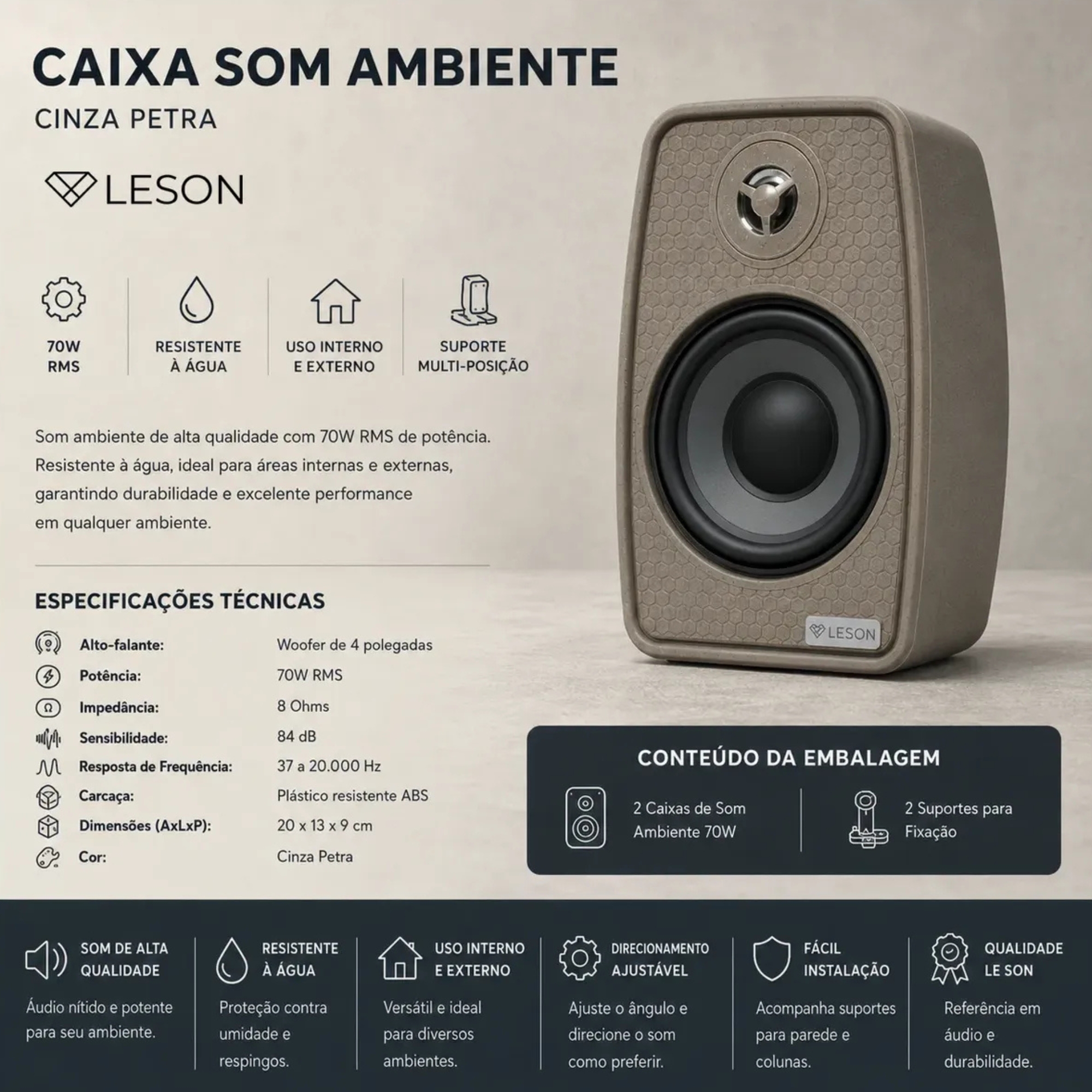 Par de Caixas de Som Ambiente 4 Polegadas 70W 8Ohms cor Cinza Petra Leson - 2LS70CX08