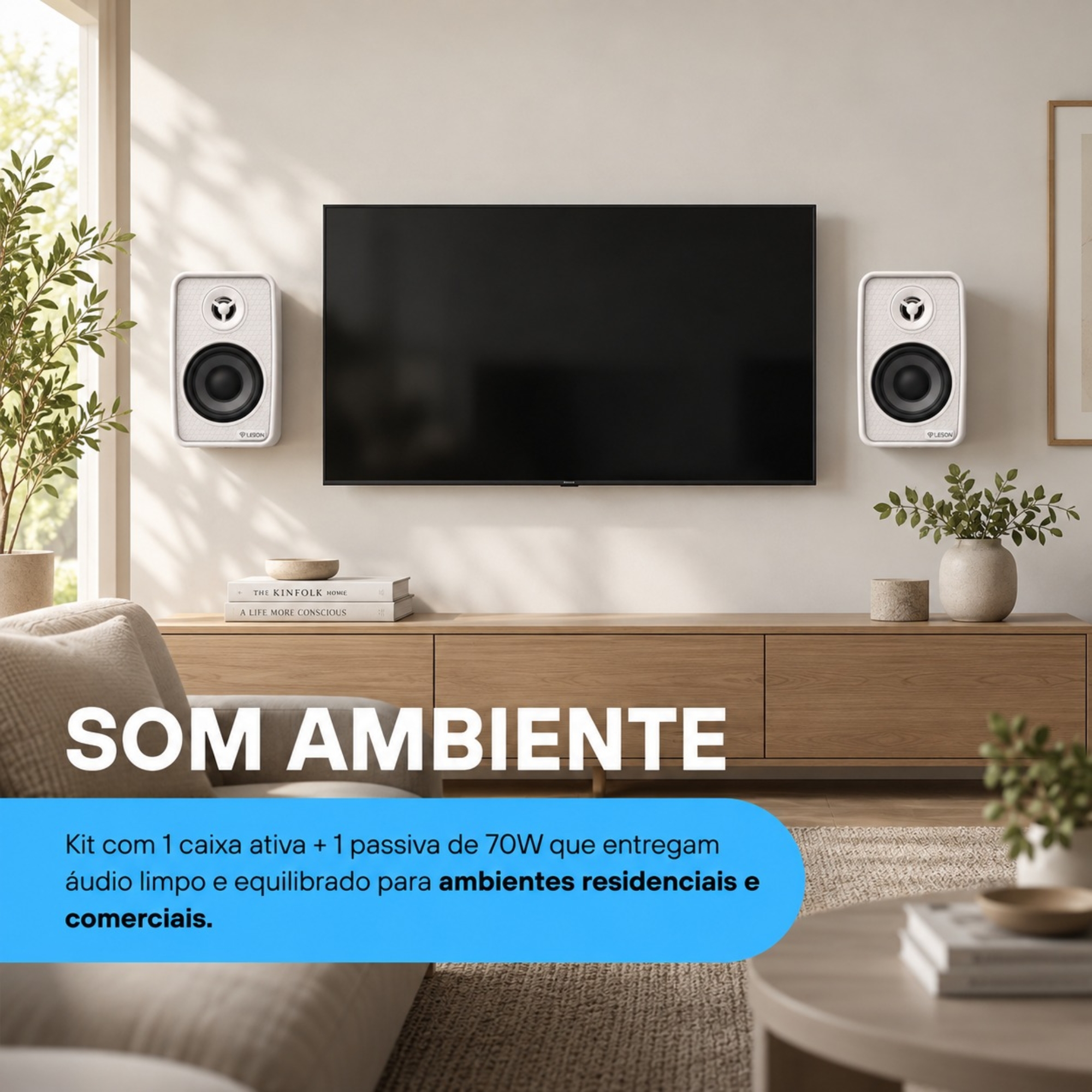 Kit 2 Caixas Som Ambiente Ativa Bluetooth + Passiva 70WRMS 8Ohms cor Branca Leson - 2LSCXB007