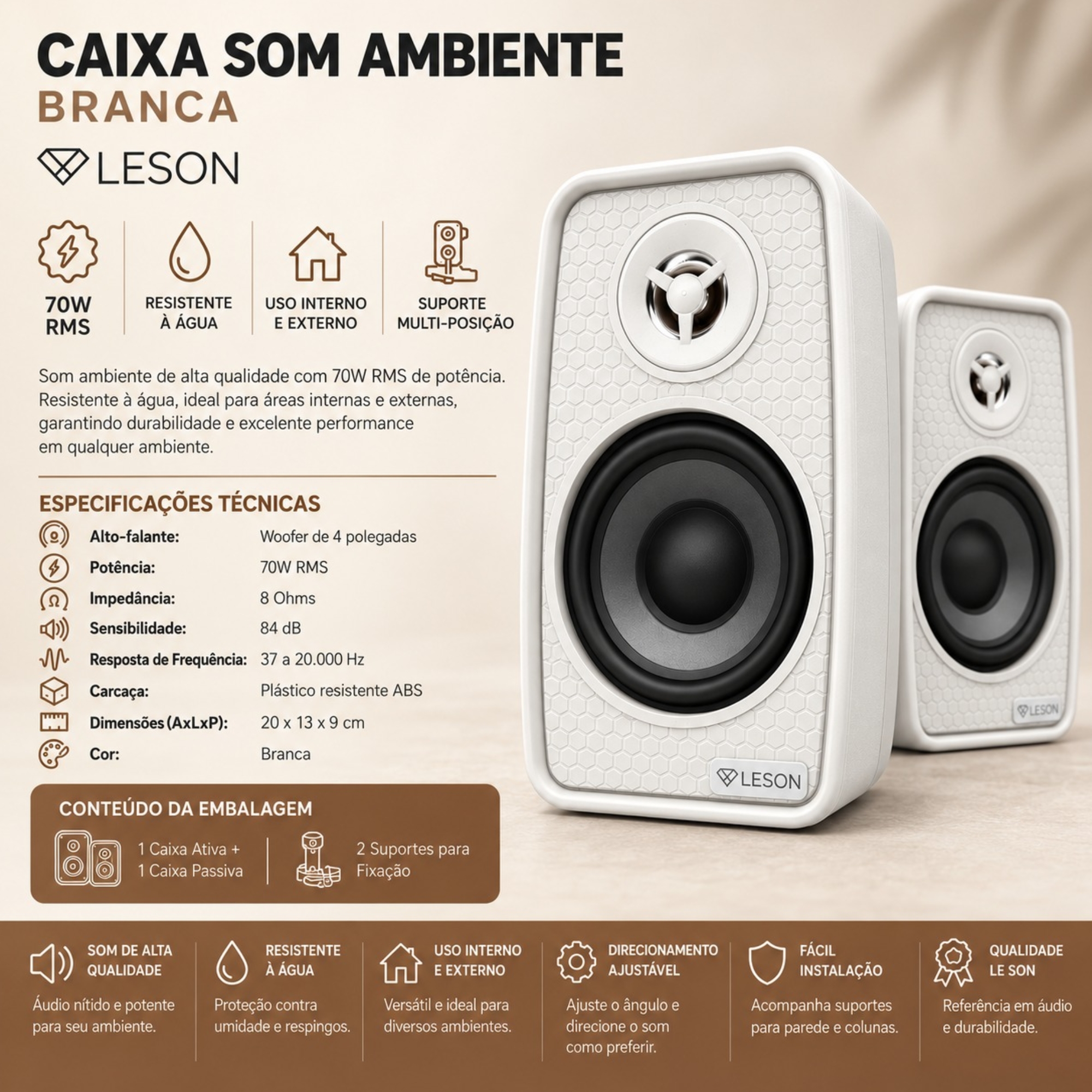 Kit 2 Caixas Som Ambiente Ativa Bluetooth + Passiva 70WRMS 8Ohms cor Branca Leson - 2LSCXB007