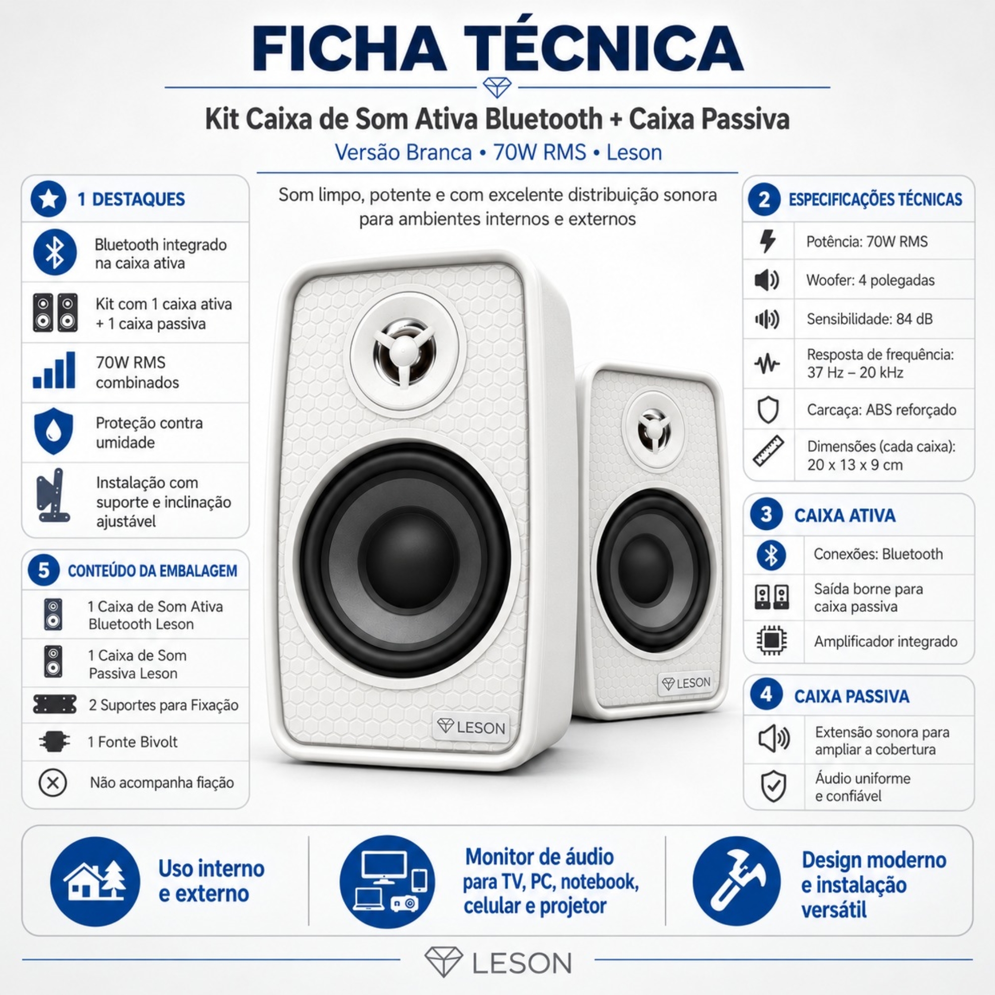 Kit 2 Caixas Som Ambiente Ativa Bluetooth + Passiva 70WRMS 8Ohms cor Branca Leson - 2LSCXB007