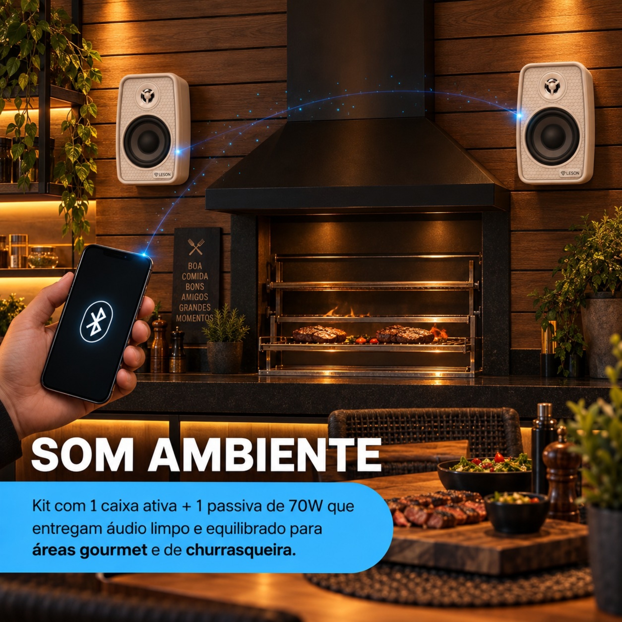 Kit 2 Caixas Som Ambiente Ativa Bluetooth + Passiva 70WRMS 8Ohms cor Branca Leson - 2LSCXB007