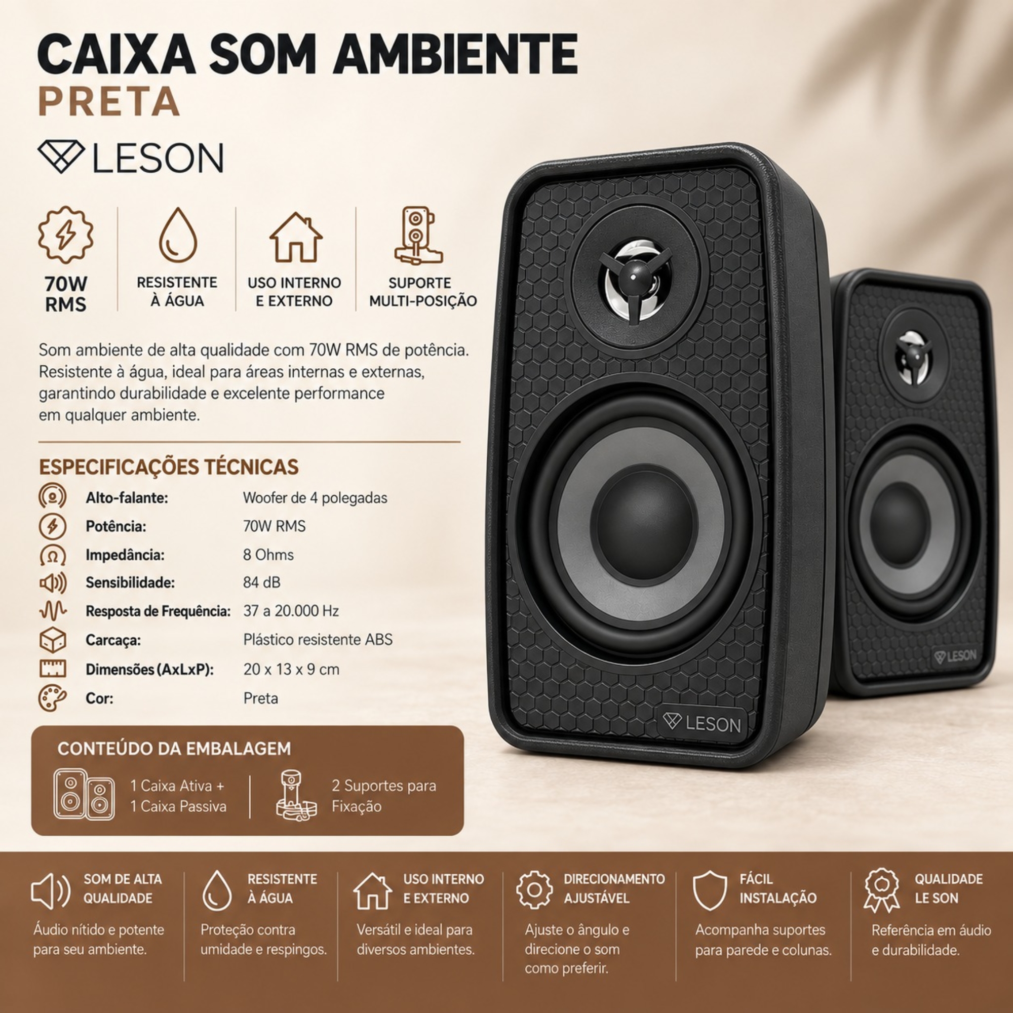 Kit 2 Caixas Som Ambiente Ativa Bluetooth + Passiva  70WRMS 8Ohms Preta Leson - 2LSCXP007
