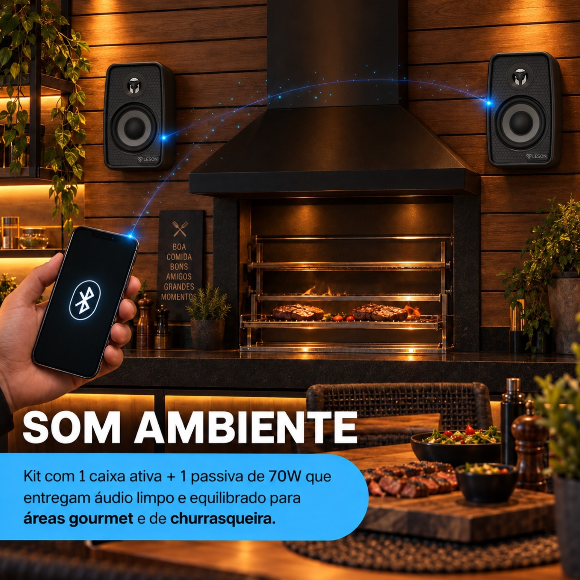 Kit 2 Caixas Som Ambiente Ativa Bluetooth + Passiva  70WRMS 8Ohms Preta Leson - 2LSCXP007