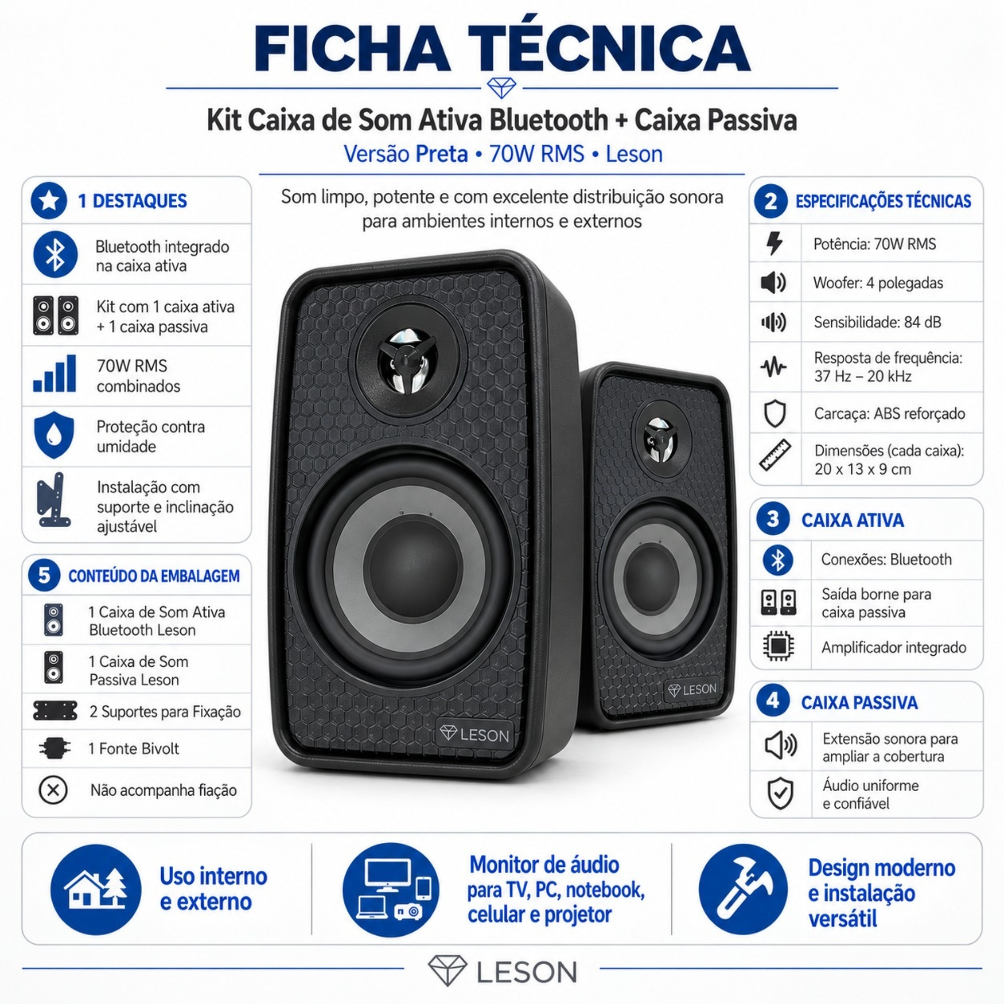 Kit 2 Caixas Som Ambiente Ativa Bluetooth + Passiva  70WRMS 8Ohms Preta Leson - 2LSCXP007