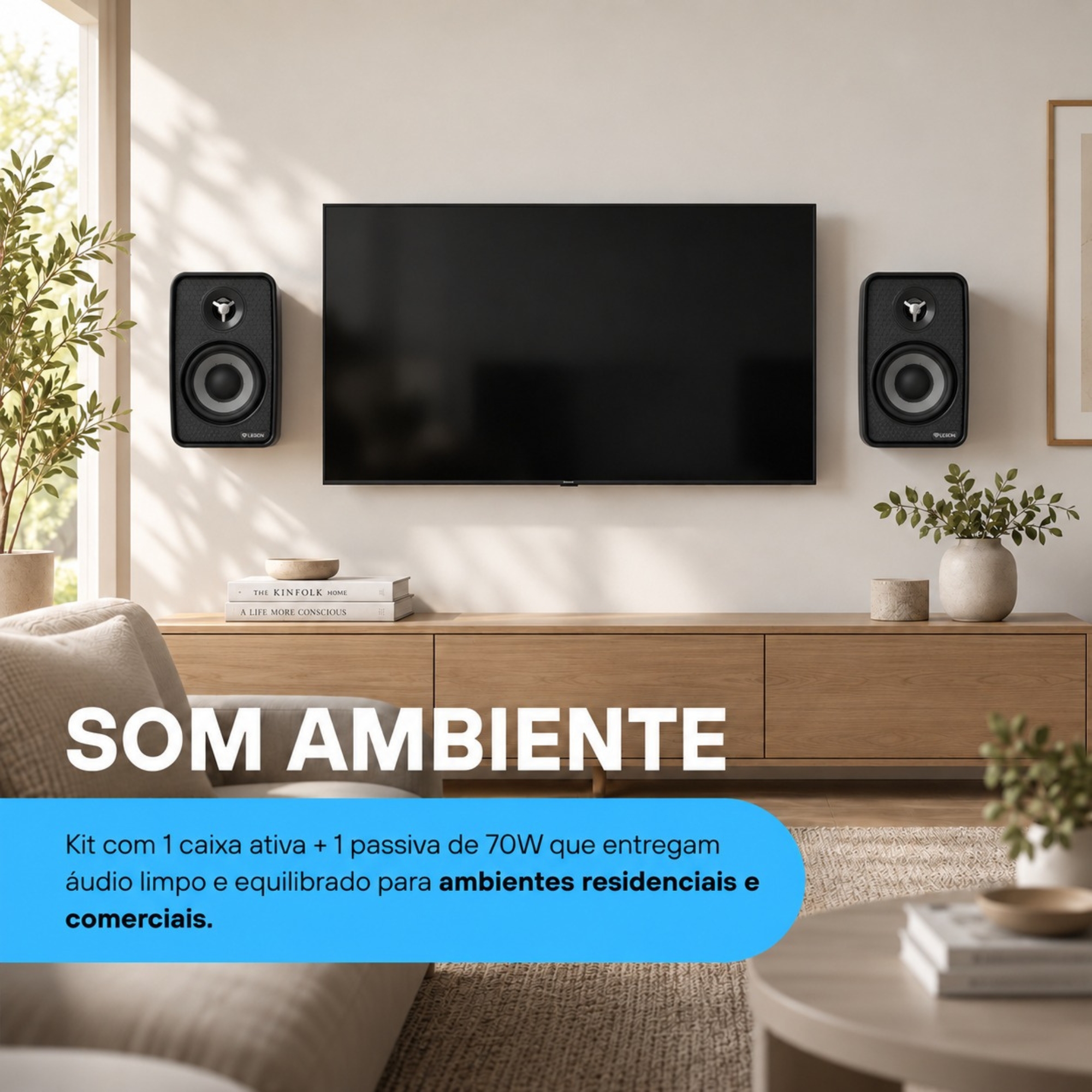 Kit 2 Caixas Som Ambiente Ativa Bluetooth + Passiva  70WRMS 8Ohms Preta Leson - 2LSCXP007