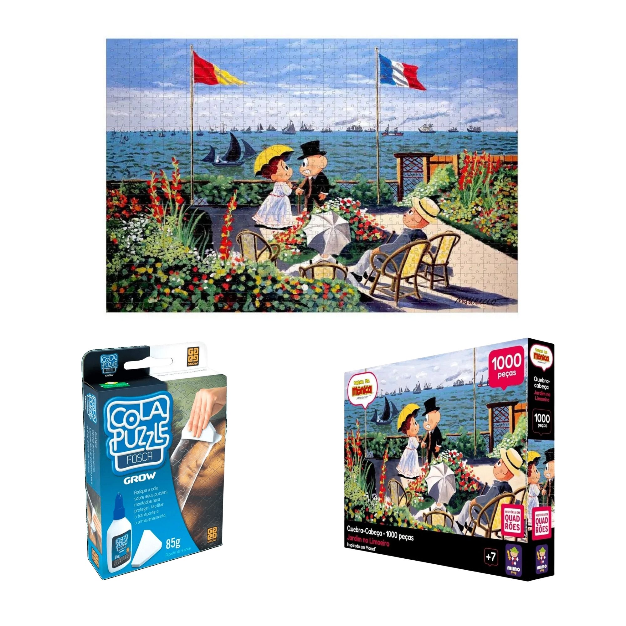 Kit Quebra-Cabeça O Jardim de Monet Turma da Mônica 1000 peças + Cola Quebra Cabeça Fosca