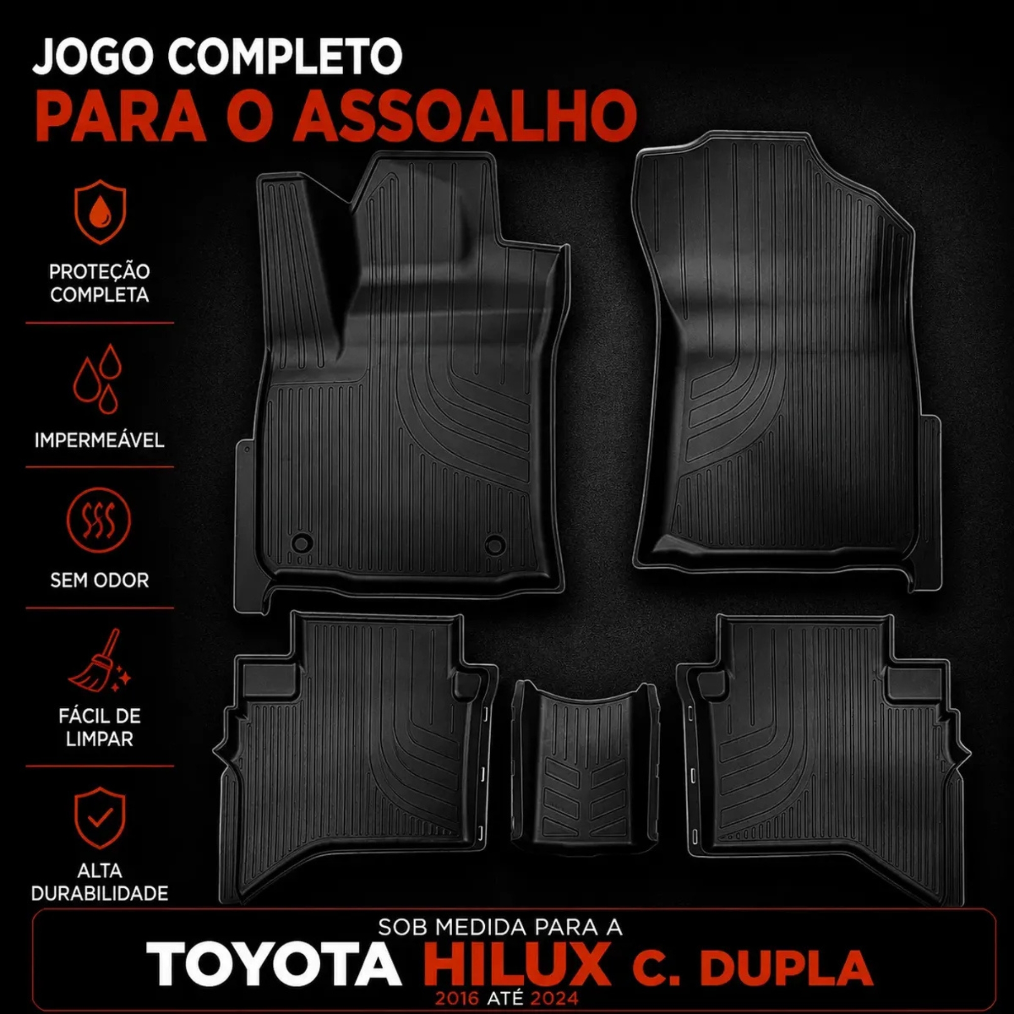 Tapete tipo Bandeja 4P Adaptável Hilux Cabine Dupla 2016/2024 5 Peças Grid - TB13005