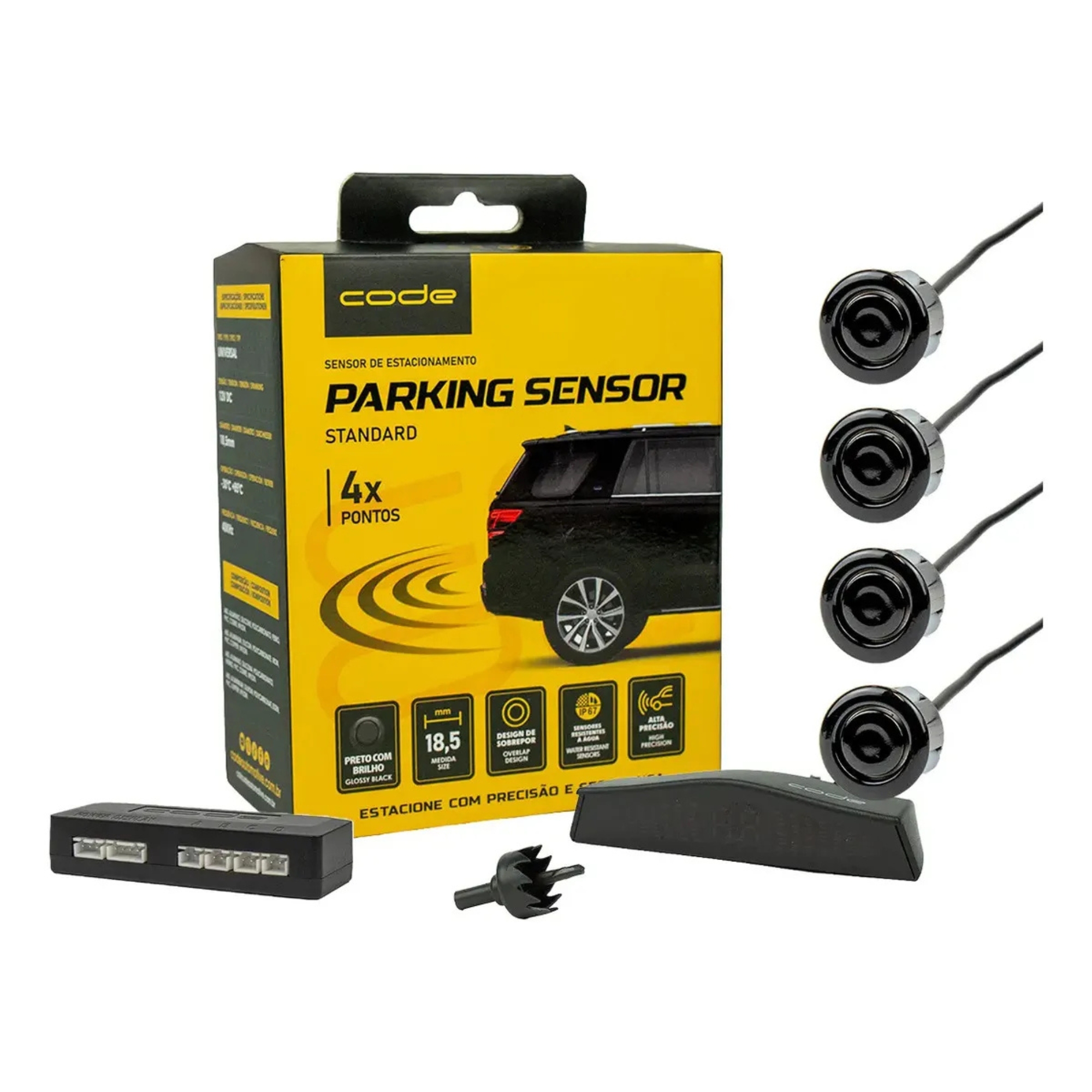 Sensor de Estacionamento Padrão 4 pontas Preto Brilho com Visor Code Tech One - KC-E-6483