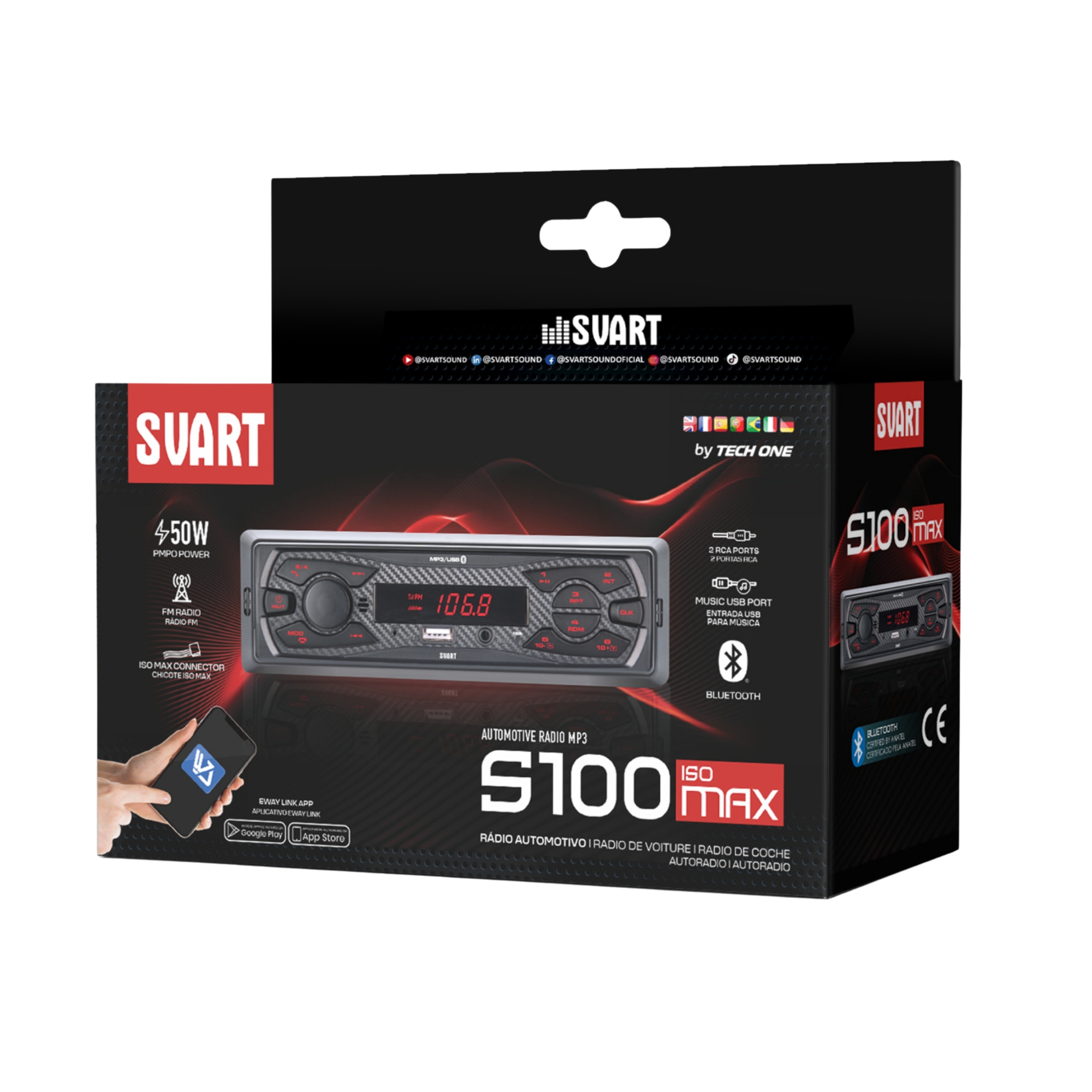 Rádio Automotivo MP3 S100 Max I Svart 4 ~ 8 Ohms Tech One - PW-F-1423