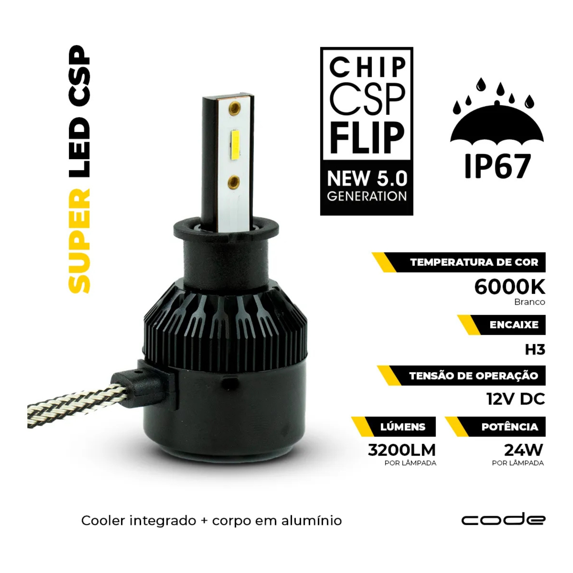 Lâmpada Automotiva Super Led Code 12V Csp 6000K H3 c/ 2 unidades Code Tech One - KC-F-6118