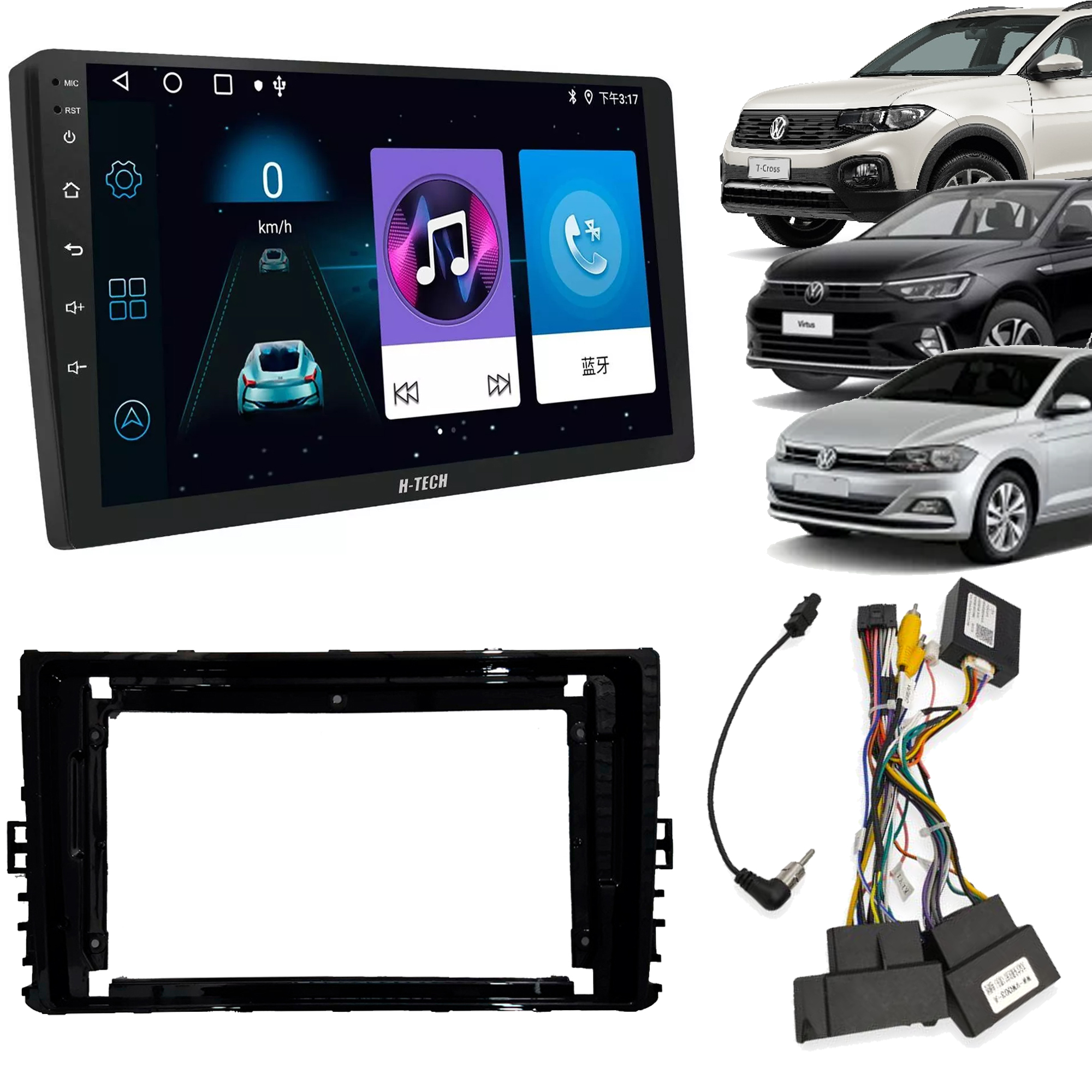 Kit Multimidia 9" Tcross Virtus Polo 2019 a 2020 QLED Android 2+64GB Carplay e Android Auto + Canbus