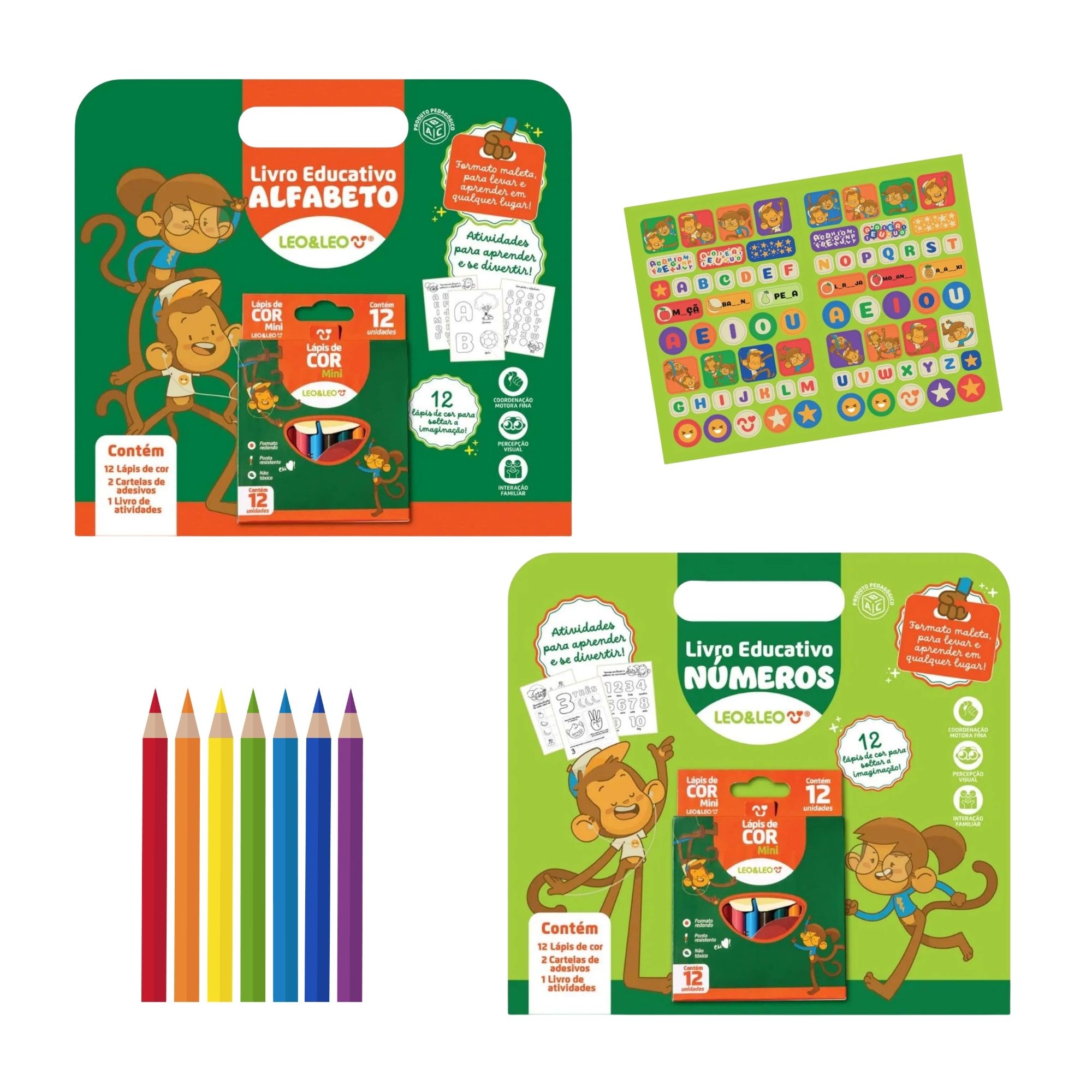 Livros para Colorir Pedagógico Letras e Números c/ Cartela de Adesivos + Lápis de Cor Leonora