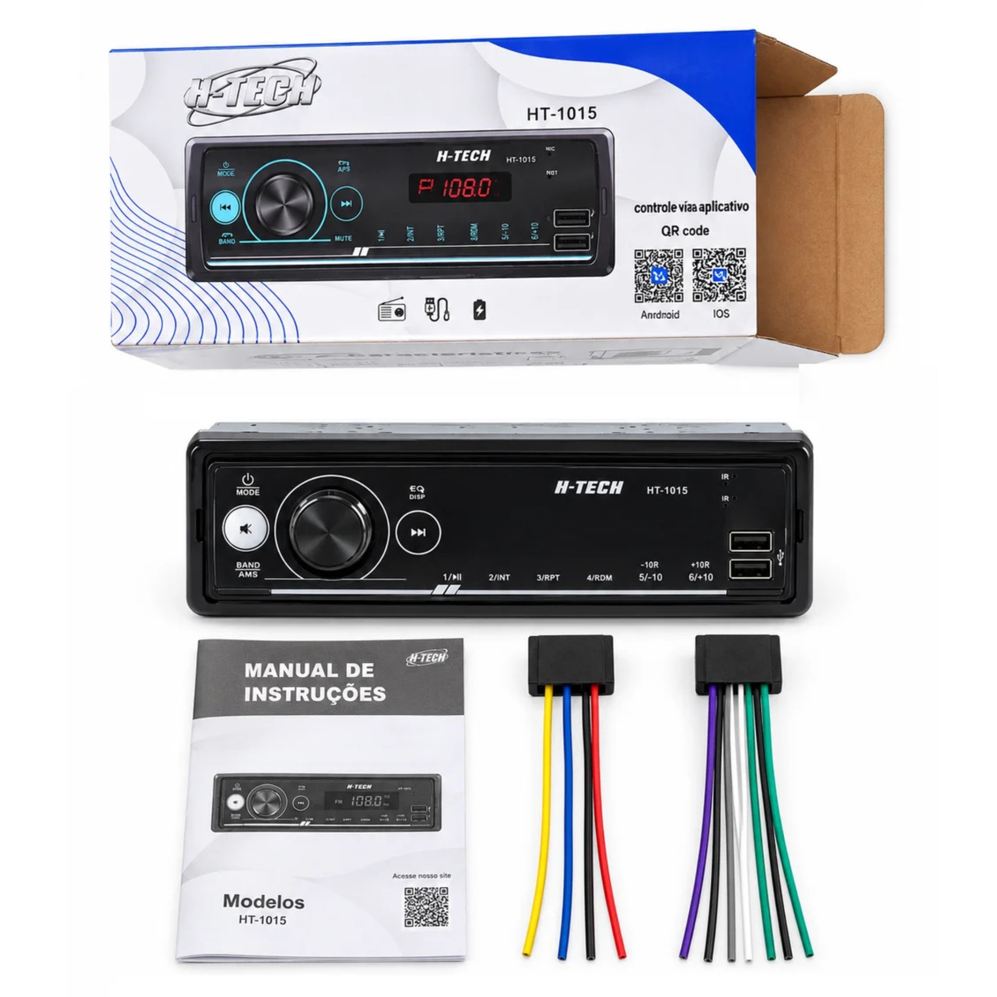 Auto Rádio MP3 4x25W RMS USB/Bluetooth Controle via App H-Tech - HT-1015