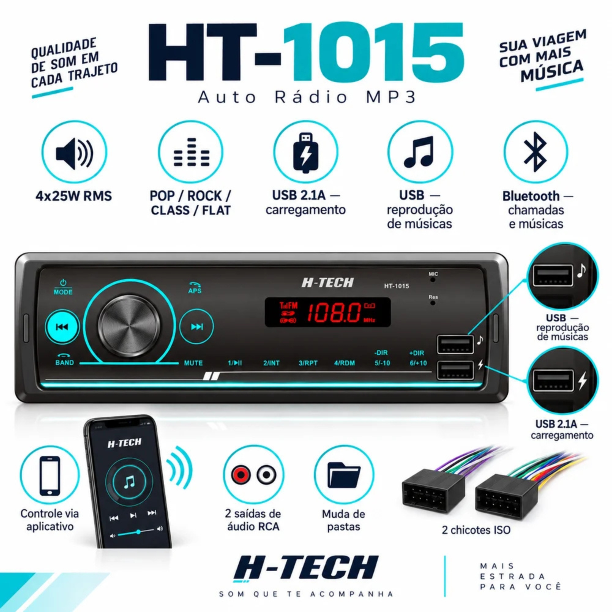 Auto Rádio MP3 4x25W RMS USB/Bluetooth Controle via App H-Tech - HT-1015