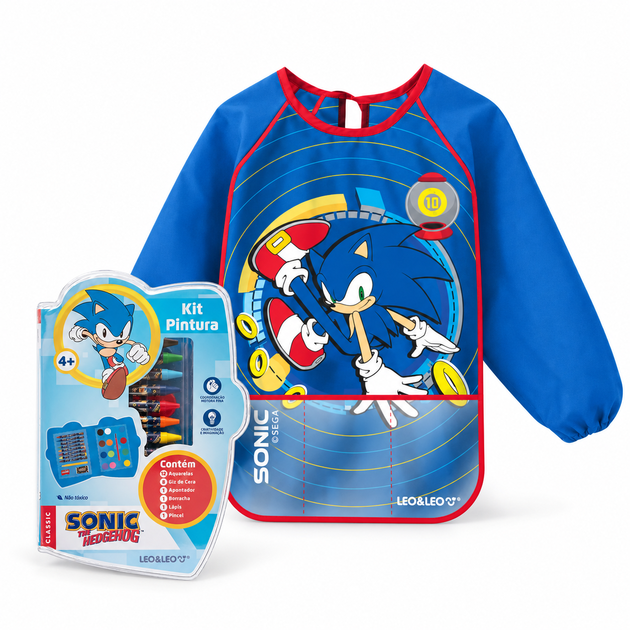 Kit Pintura Sonic 24 Peças + Avental Infantil Impermeável Leo&Leo
