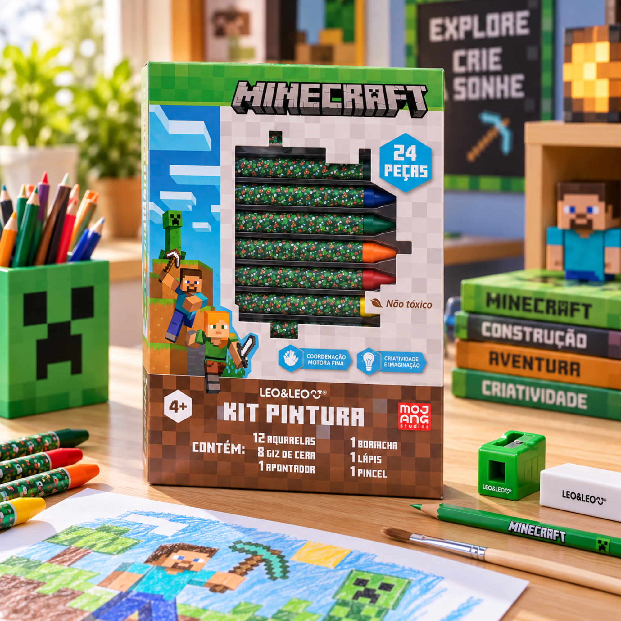 Kit Pintura Cores dos Personagens Minecraft Estojo c/ 24 Peças Leo&Leo Leonora - 10654
