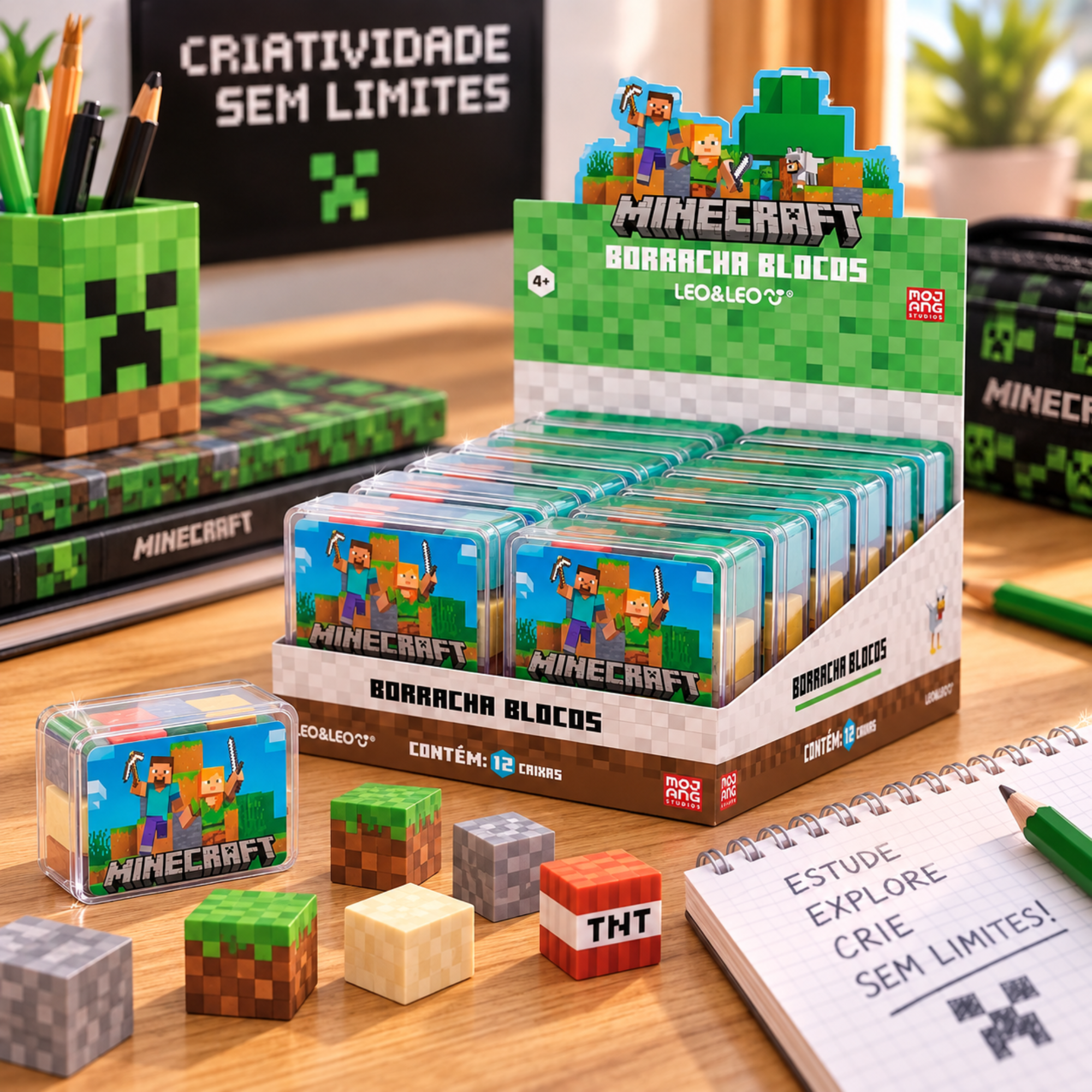 Borracha Mini Blocos Minecraft Display c/12 Leo&Leo Leonora - 10738