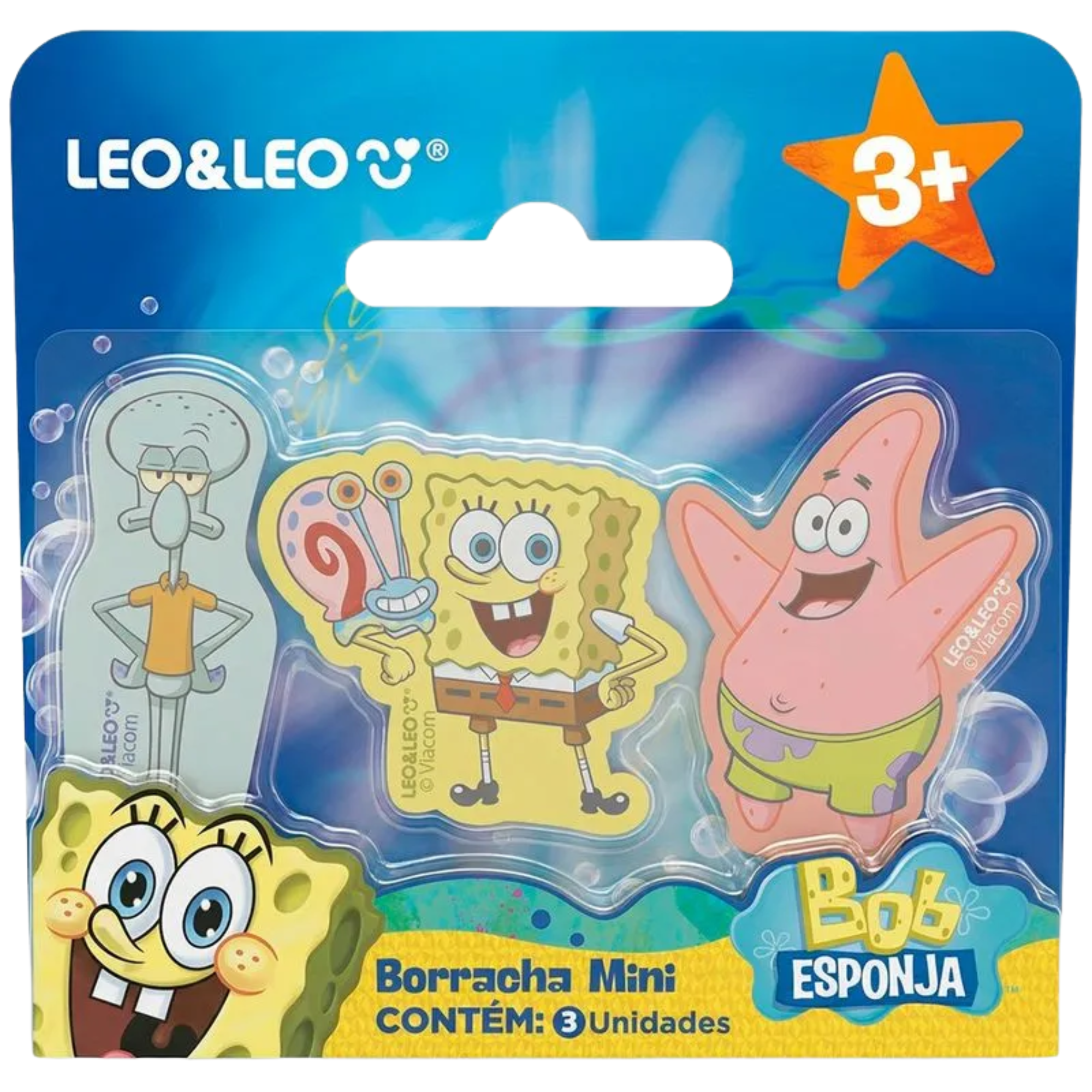 Borracha Mini Bob Esponja Blister com 3 Unidades Escolar Leonora - 10742