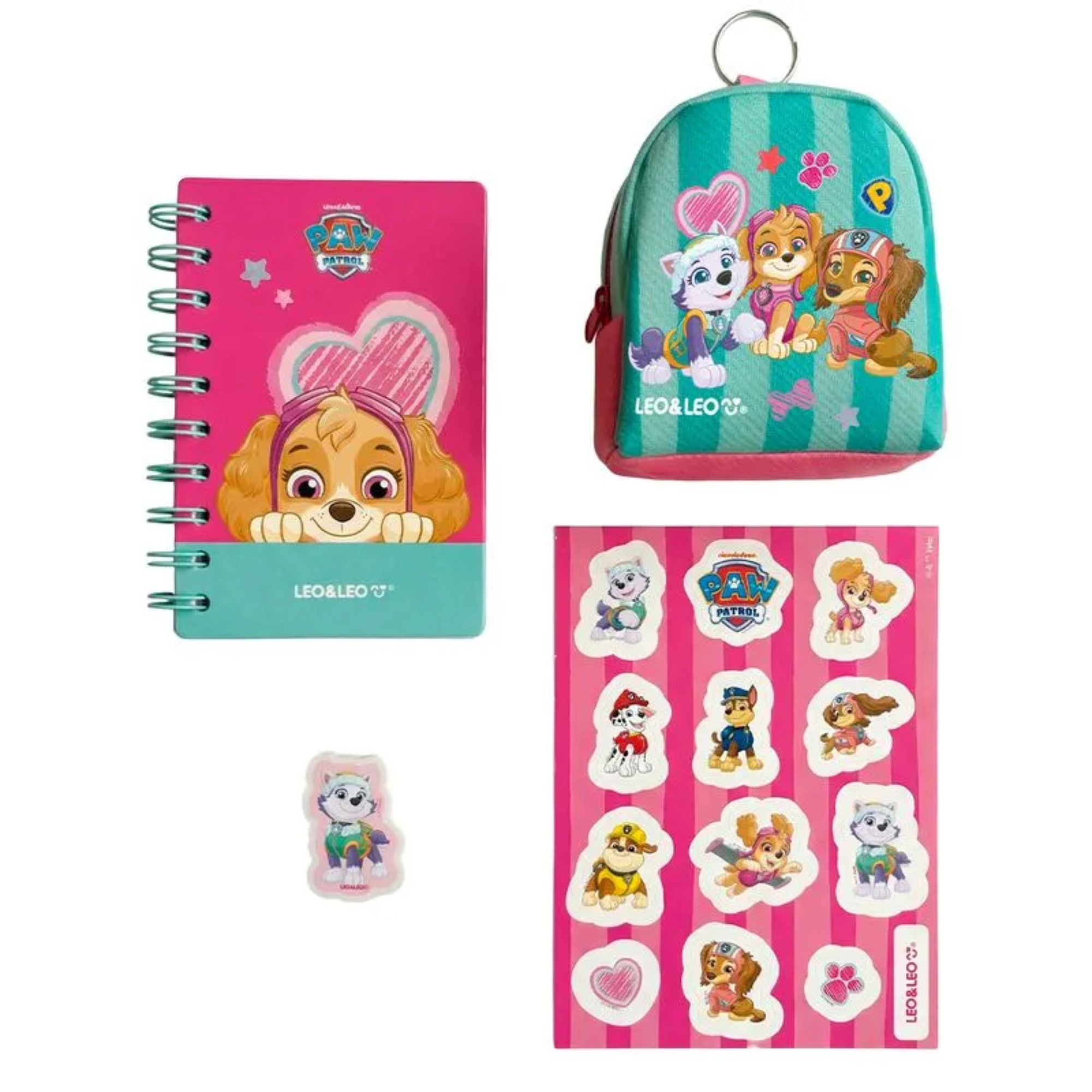 Kit Mini Acessórios Patrulha Canina Adesivos Borracha Chaveiro Caderno Leo&Leo Leonora - 10792