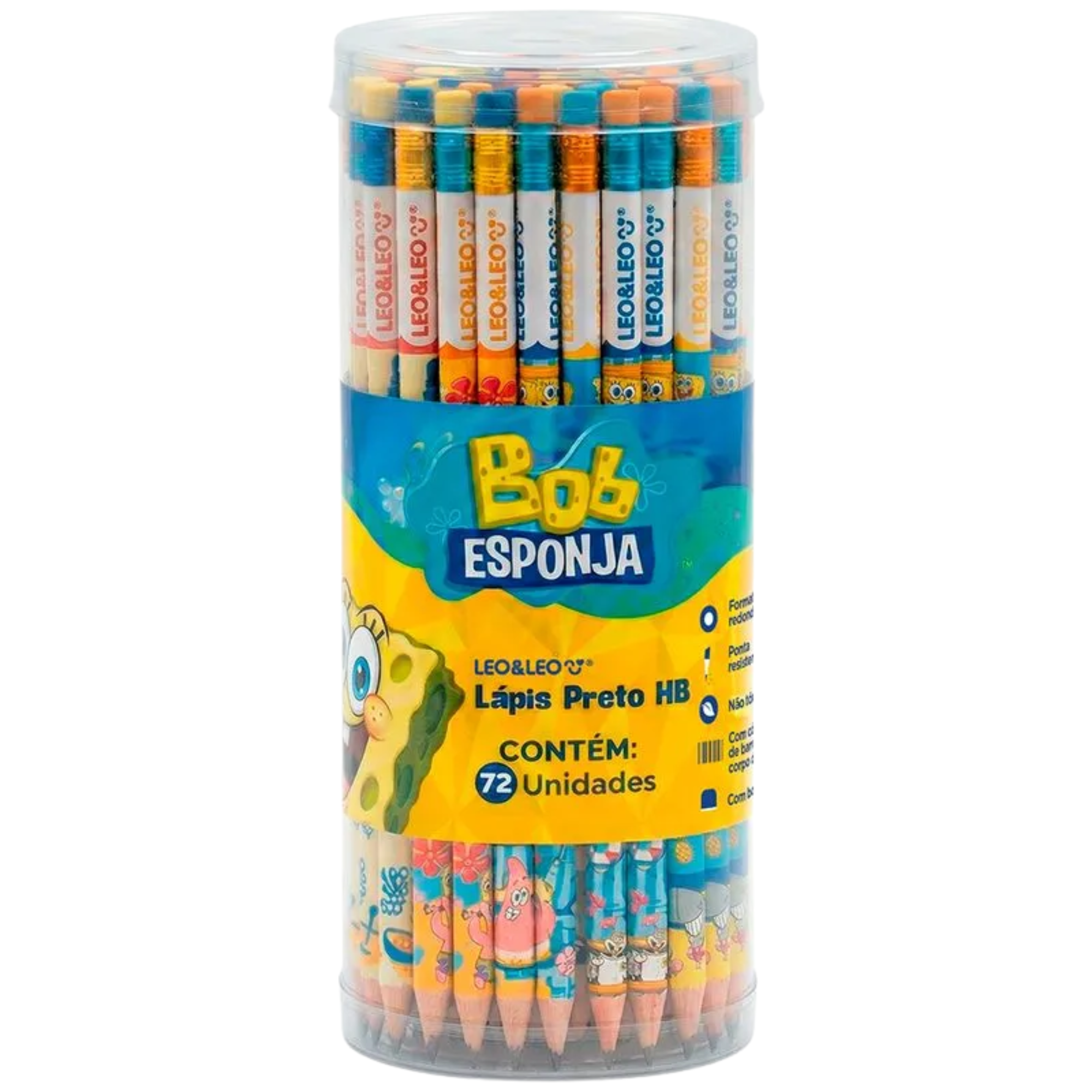 Lápis Preto HB com Borracha Bob Esponja Pote c/72un Leo&Leo Leonora - 10812