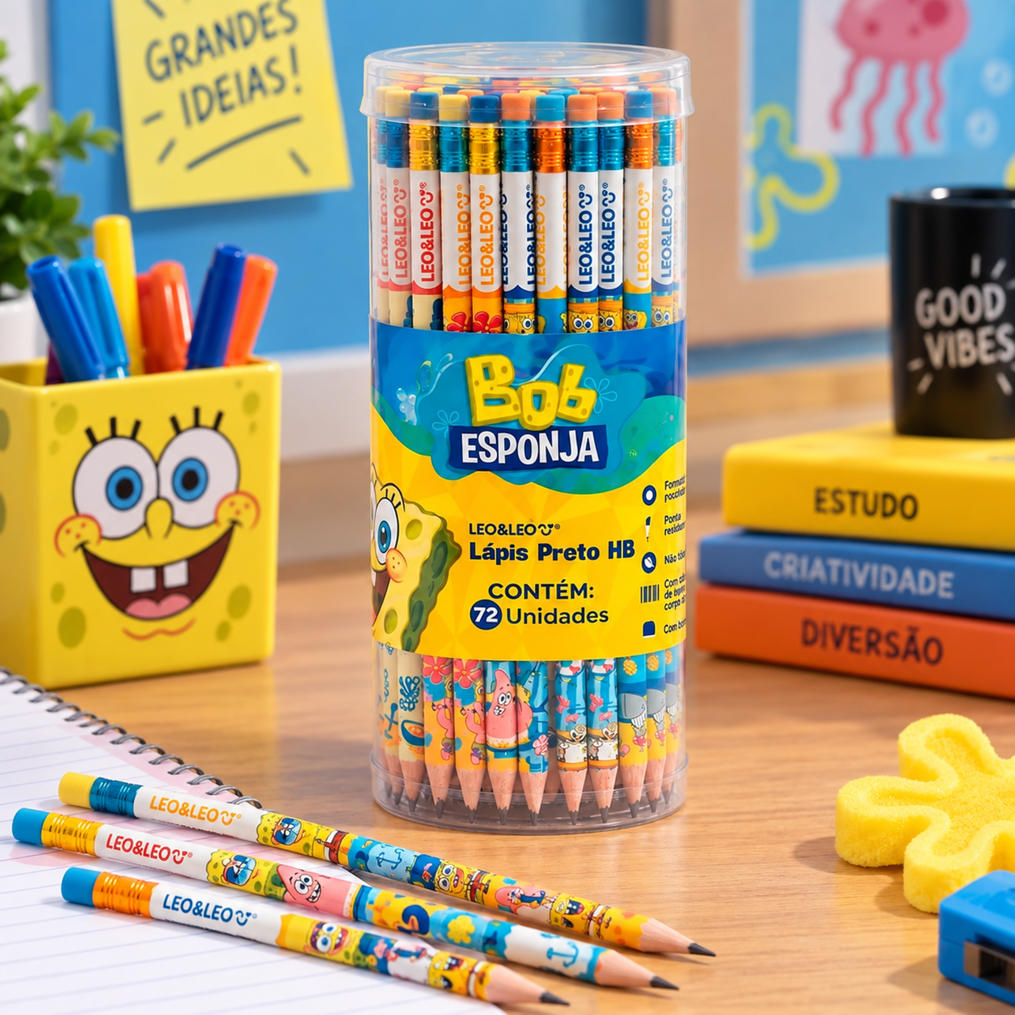 Lápis Preto HB com Borracha Bob Esponja Pote c/72un Leo&Leo Leonora - 10812